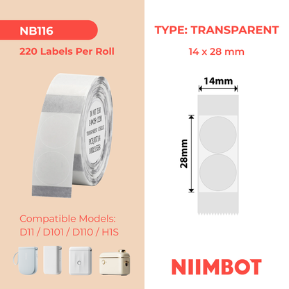 NB116 - NIIMBOT - D11 / D101 / D110 / H1S - 14X28MM - 220 LABELS PER ROLL - ROUND - TRANSPARENT