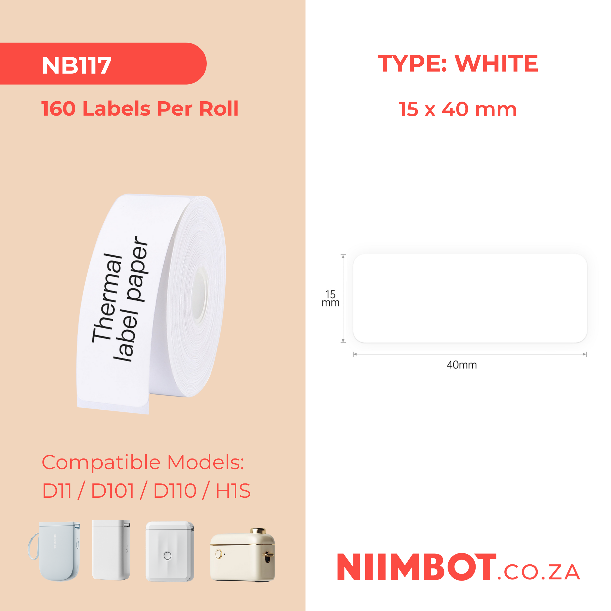 NB117 - NIIMBOT - D11 / D101 / D110 - 15*40MM  - 160 LABELS PER ROLL - WHITE