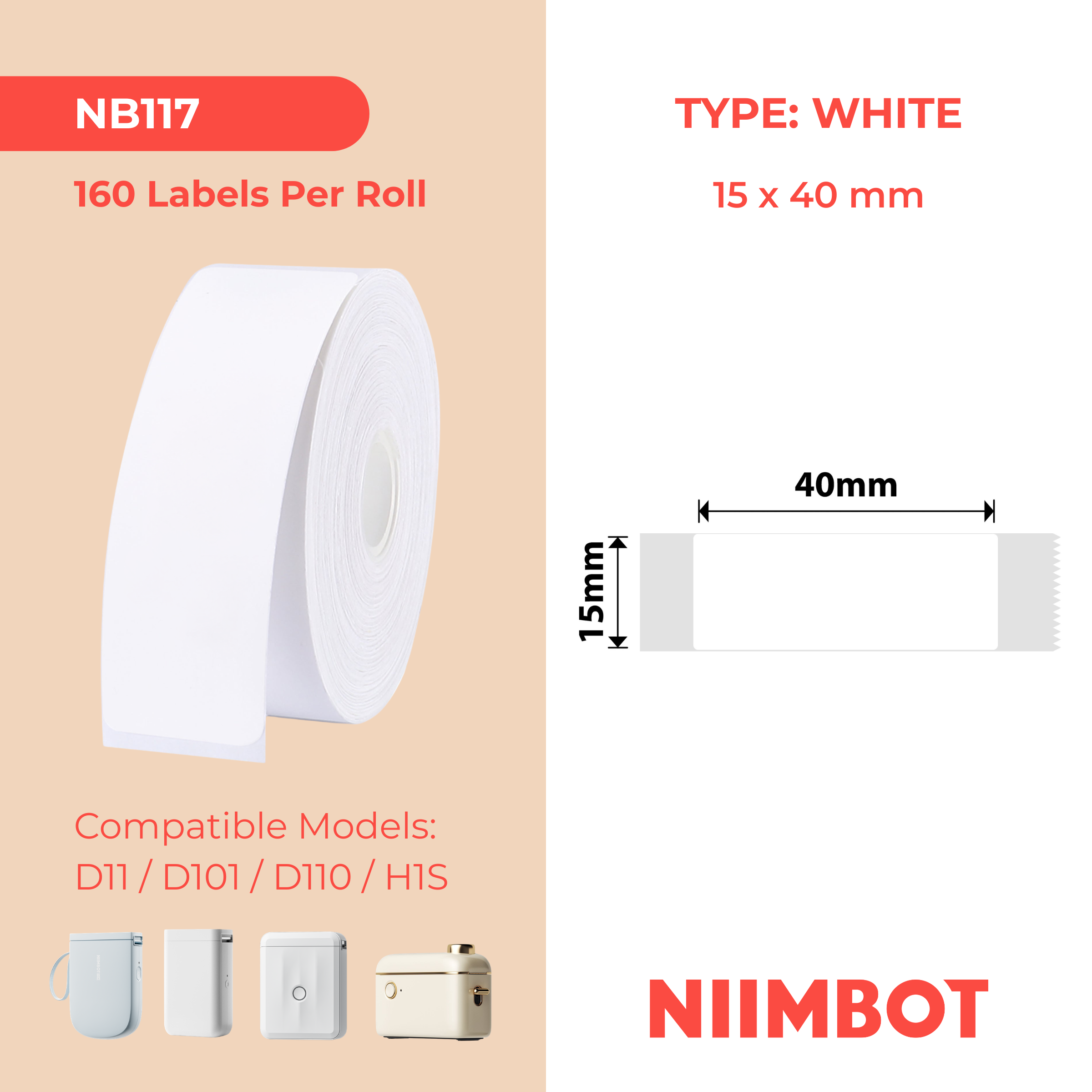 NB117 - NIIMBOT - D11 / D101 / D110 - 15*40MM - 160 ETIKETTE PER ROL - WIT
