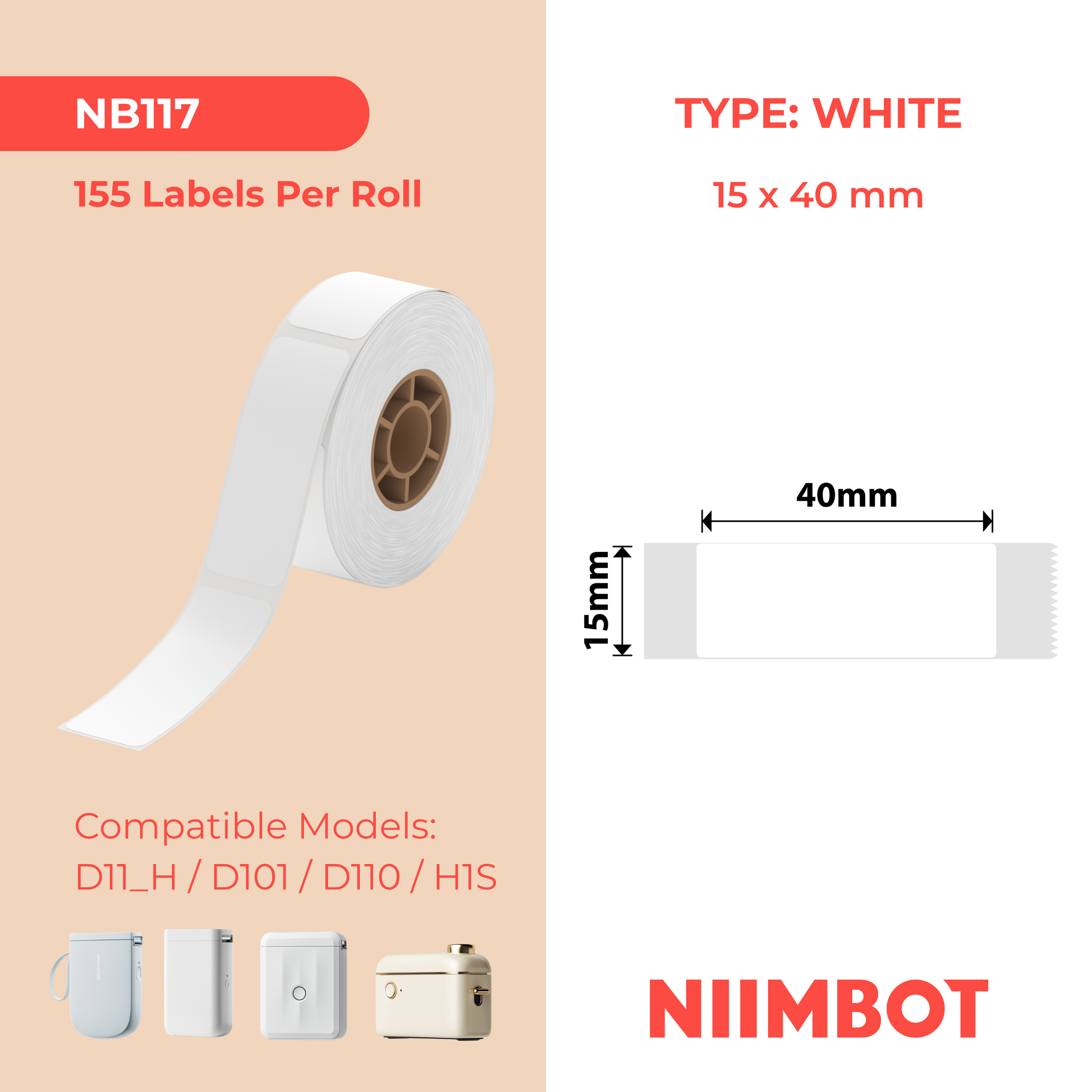 I-NB117 - NIIMBOT - D11 / D101 / D110 - 15*40MM - 160 AMALEBO NGOKUQONGA NGAWO - EMHLOPHE