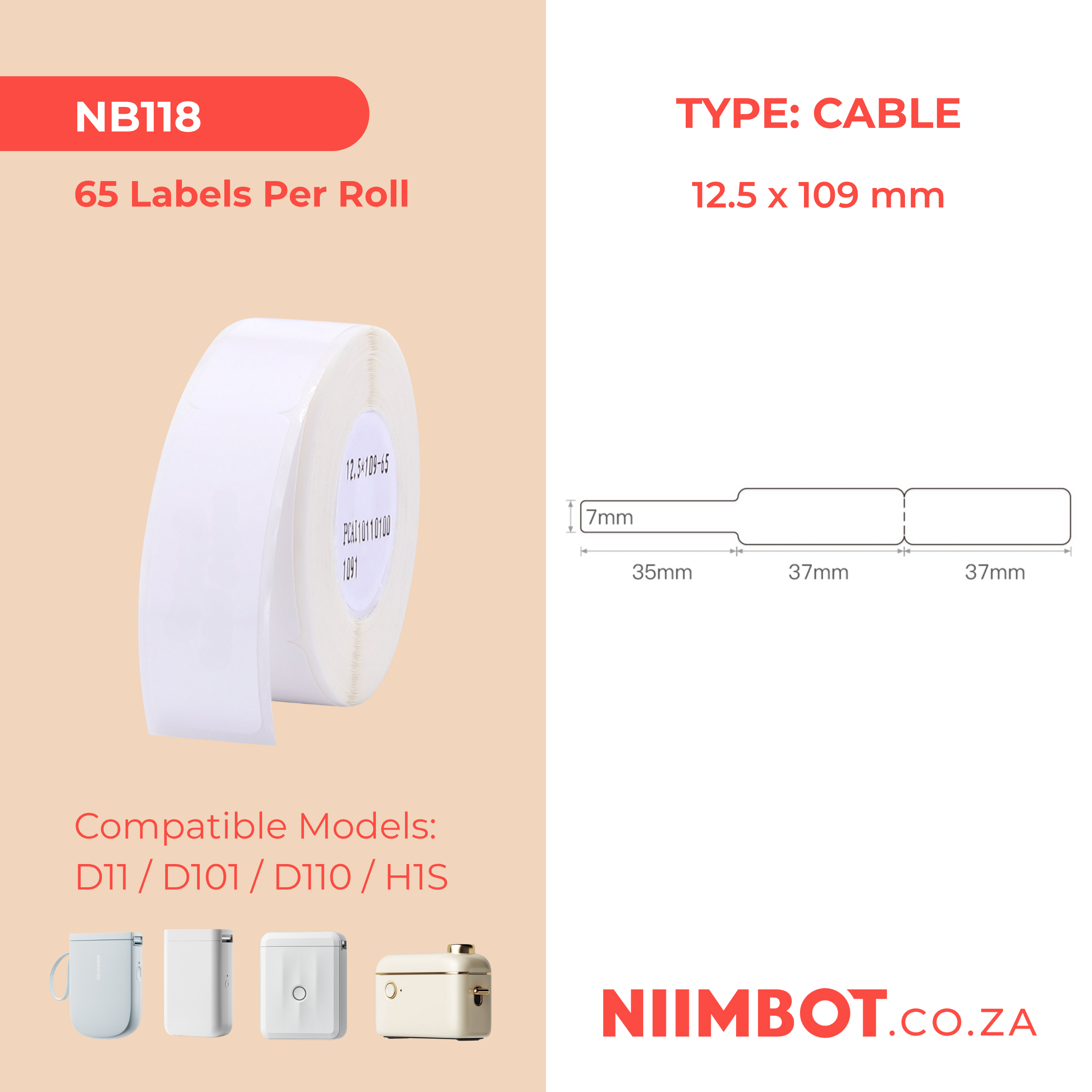 NB118 - NIIMBOT - D11 / D101 / D110 - RXL 12.5*109MM  - 65 LABELS PER ROLL - CABLE - WHITE