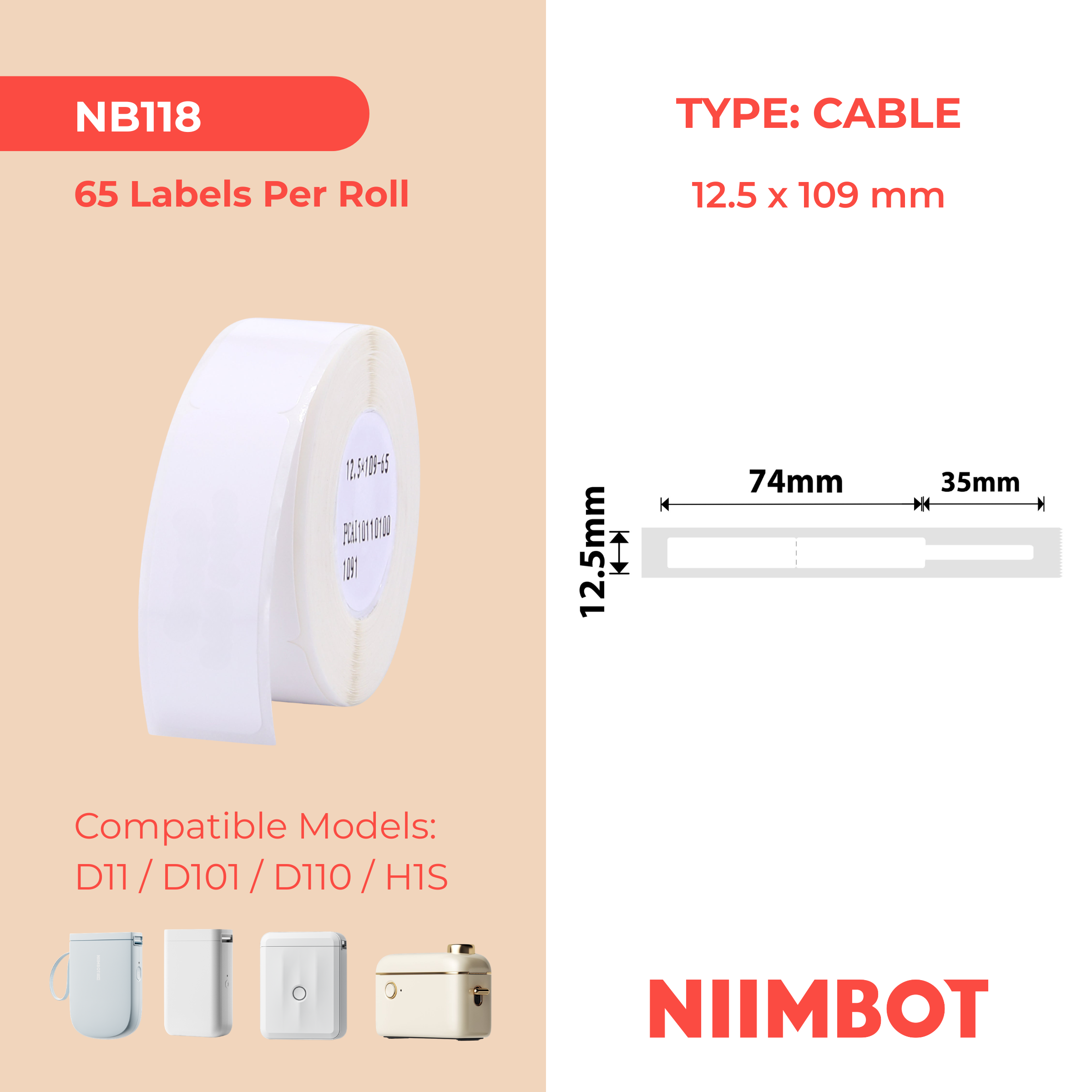 NB118 - NIIMBOT - D11 / D101 / D110 - RXL 12.5*109MM - 65 ETIKETTE PER ROL - KABEL - WIT