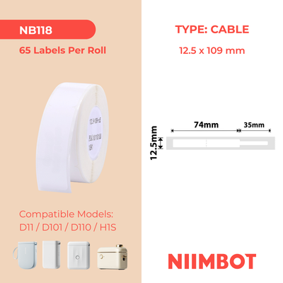 NB118 - NIIMBOT - D11 / D101 / D110 / H1S - 12.5X109MM  - 60 WHITE CABLE LABELS