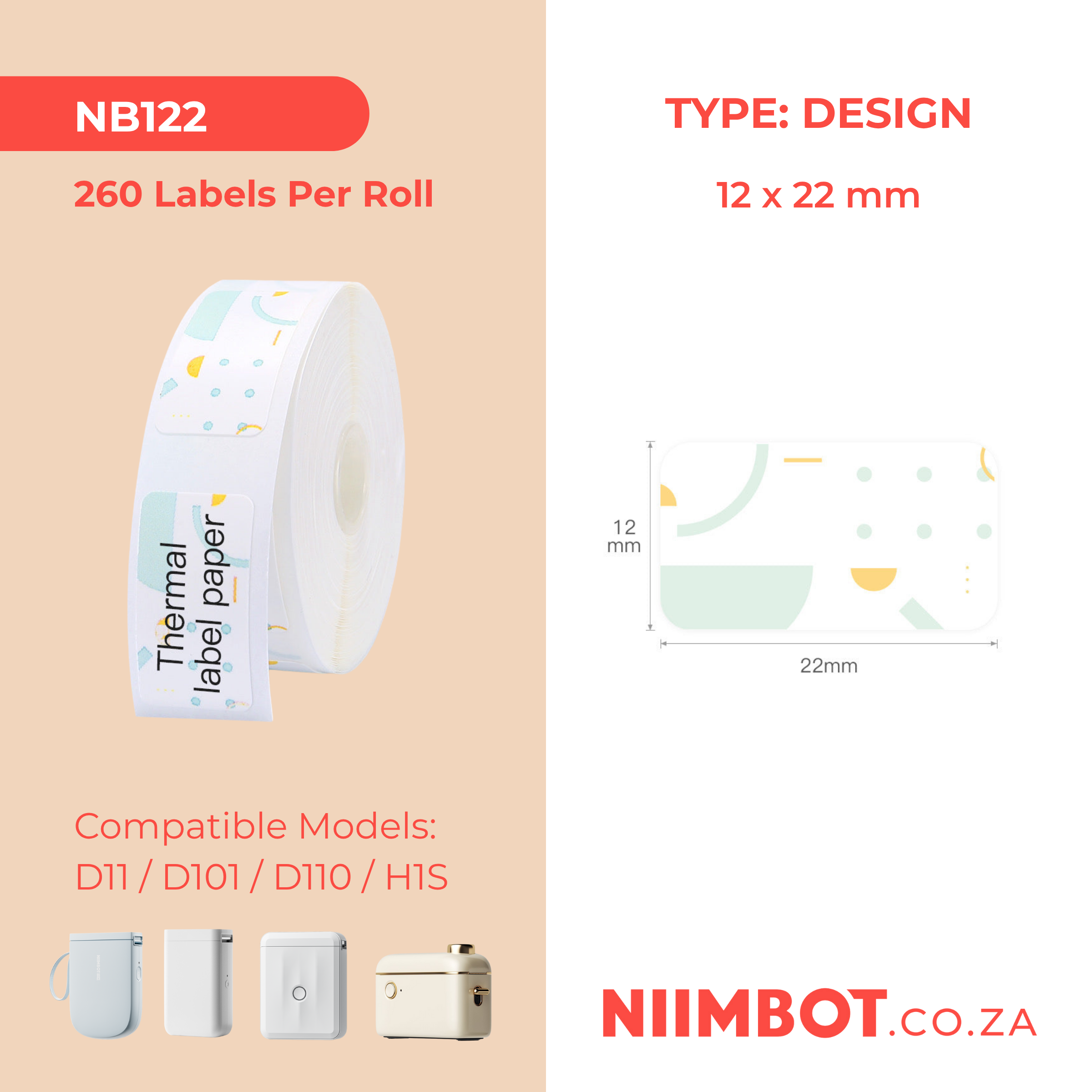 NB122 - NIIMBOT - D11 / D101 / D110 - 12*22MM - 260 THERMAL LABELS - POLKA DOTS DESIGN