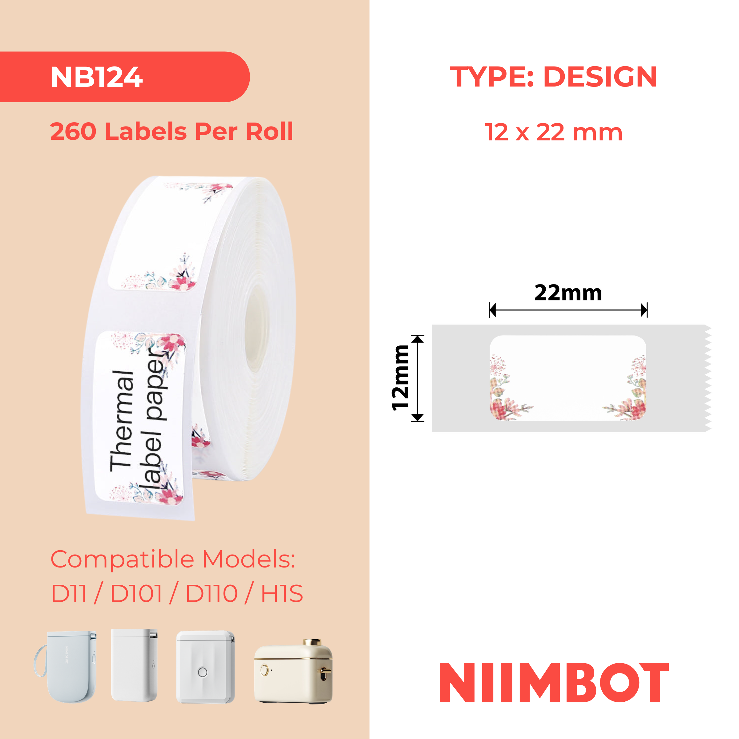 NB124 - NIIMBOT - D11 / D101 / D110 - 12*22MM - 260 TERMIESE ETIKETTE - LENTEROOID ONTWERP