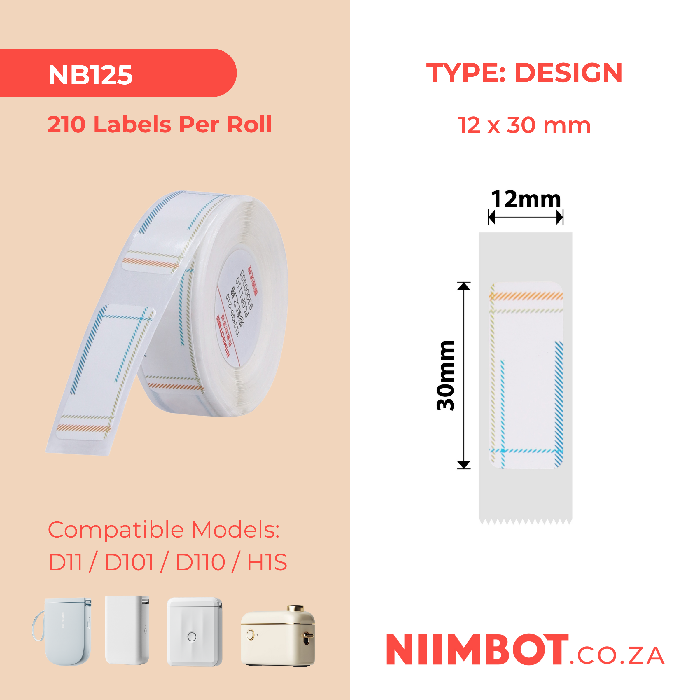 NB125 - NIIMBOT - D11 / D101 / D110 - RP12*30 - 210 LABELS PER ROLL - RAINBOWS DESIGN