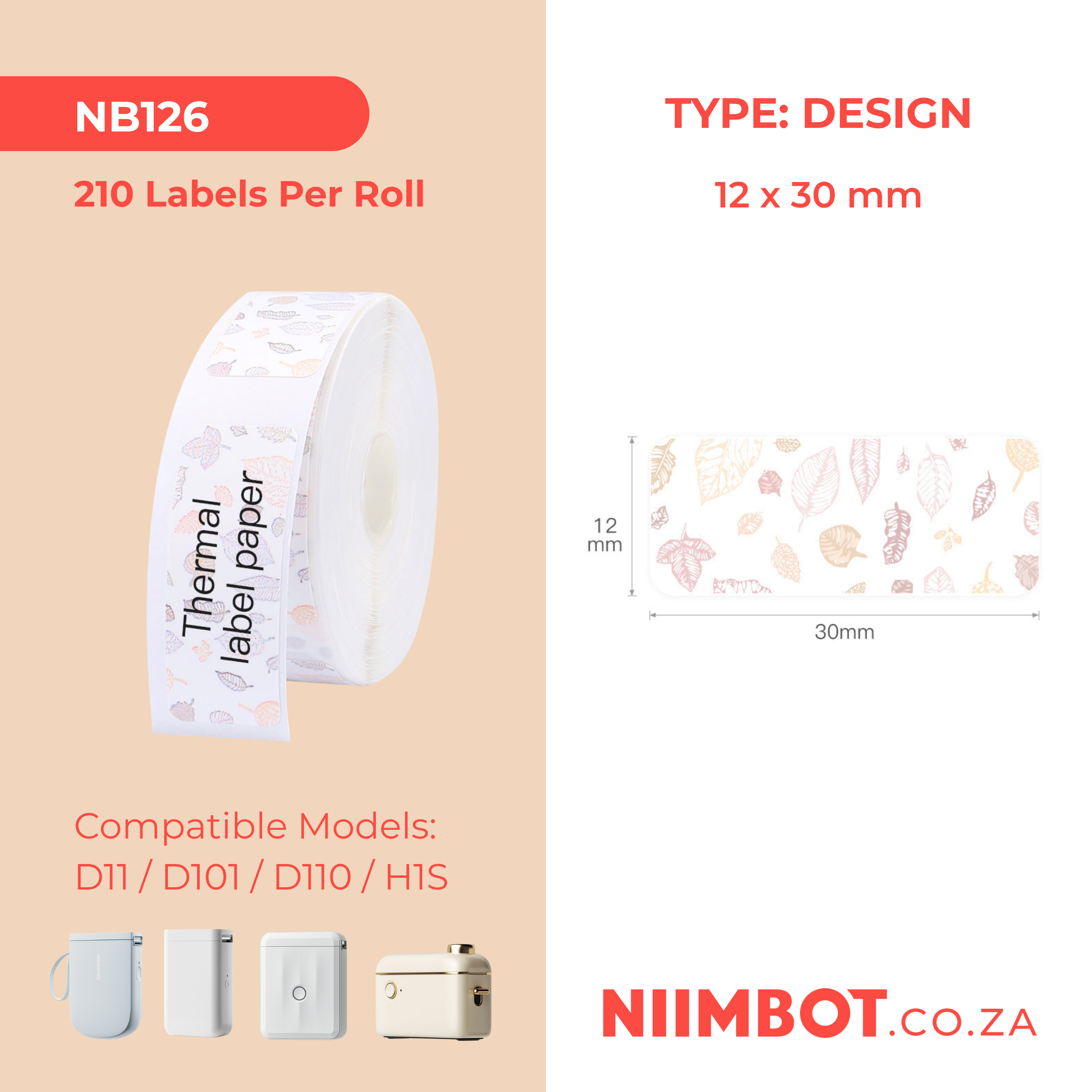 NB126 - NIIMBOT - D11 / D101 / D110 - 12*30MM - 210 THERMAL LABELS - MAPLE LEAF DESIGN