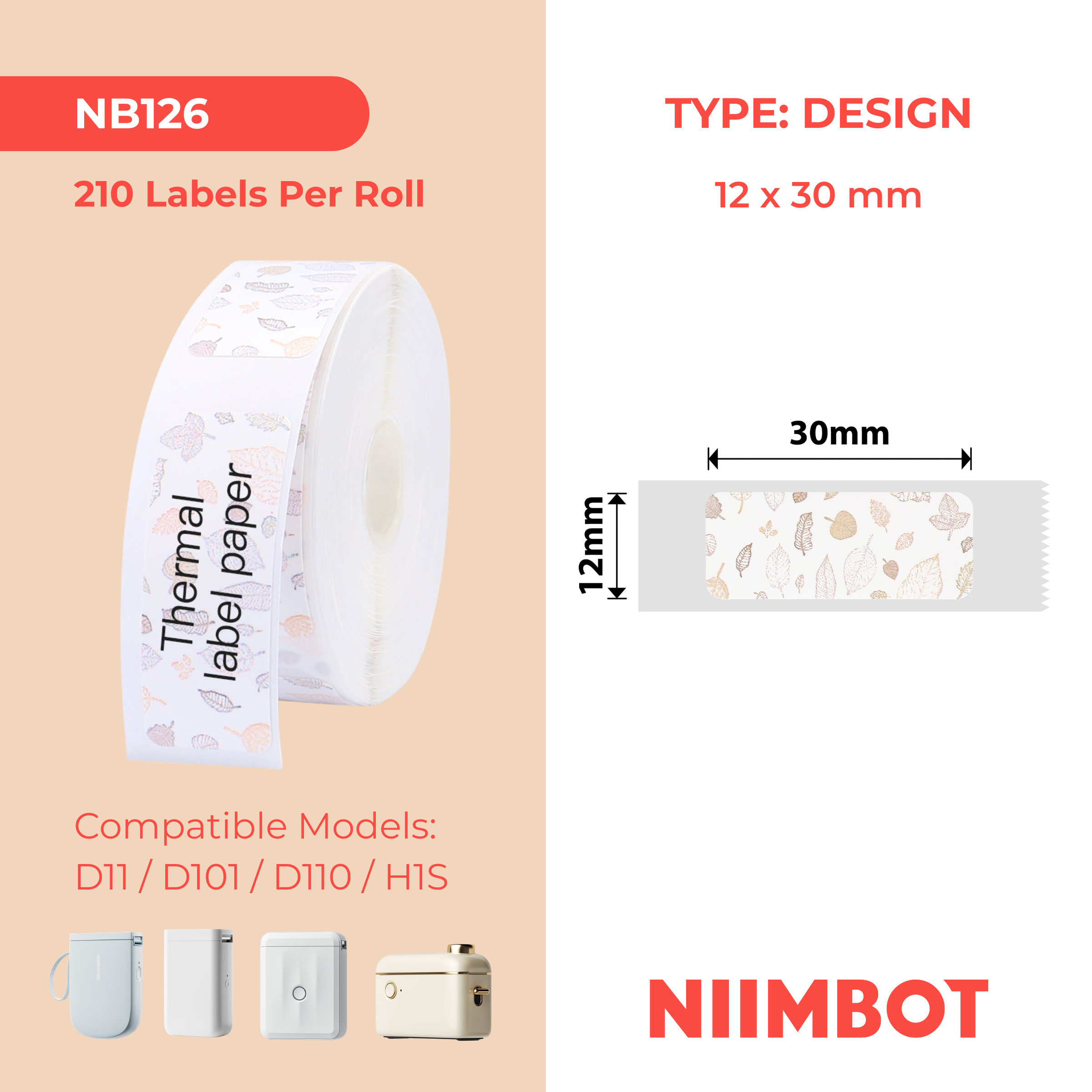 NB126 - NIIMBOT - D11 / D101 / D110 - 12*30MM - 210 TERMIESE ETIKETTE - ESDORINGBLAD-ONTWERP