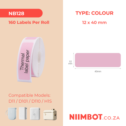 NB128 - NIIMBOT - D11 / D101 / D110 - 12*40MM - 160 THERMAL LABELS - SOLID PINK DESIGN