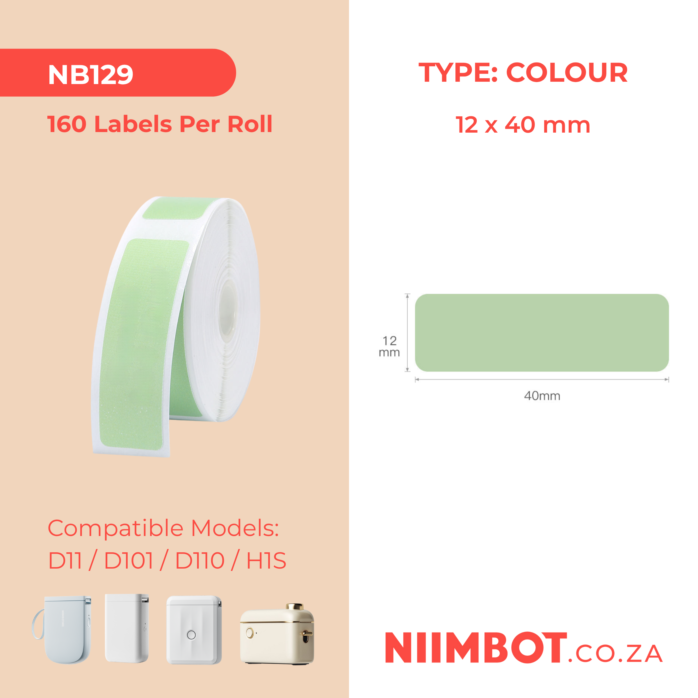 NB129 - NIIMBOT - D11 / D101 / D110 - 12*40MM - 160 THERMAL LABELS - SOLID GREEN DESIGN
