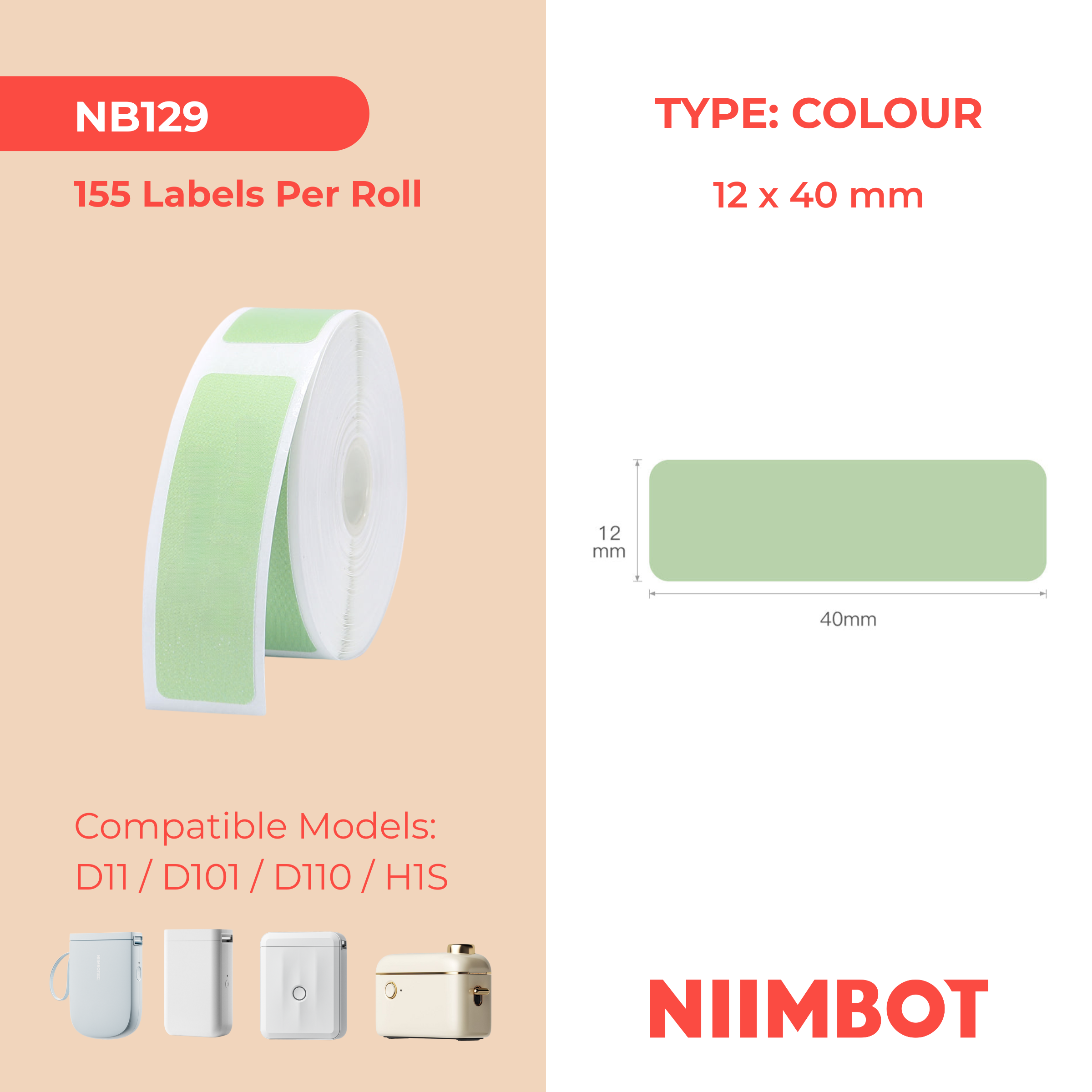 NB129 - NIIMBOT - D11 / D101 / D110 / H1S - 12X40MM - 155 THERMAL LABELS - SOLID GREEN
