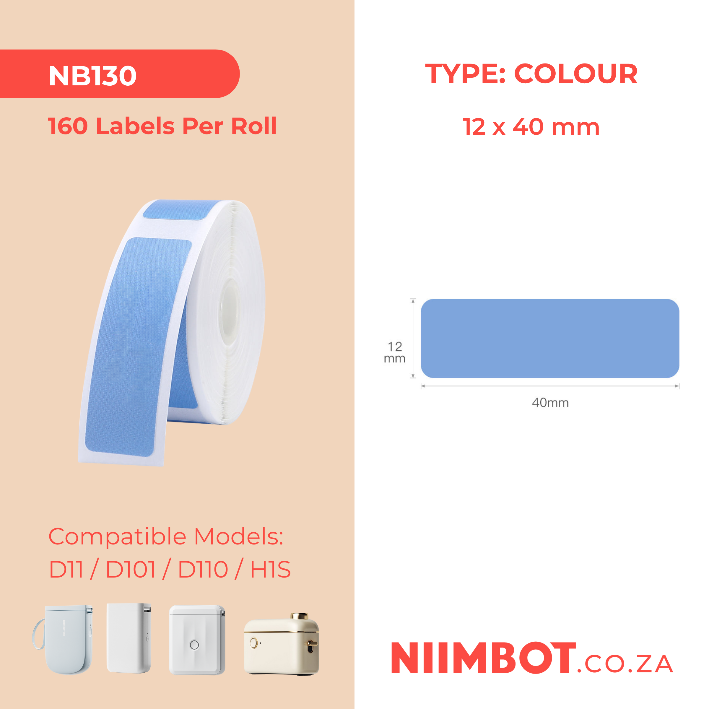 NB130 - NIIMBOT - D11 / D101 / D110 - 12*40MM - 160 THERMAL LABELS - SOLID BLUE COLOUR