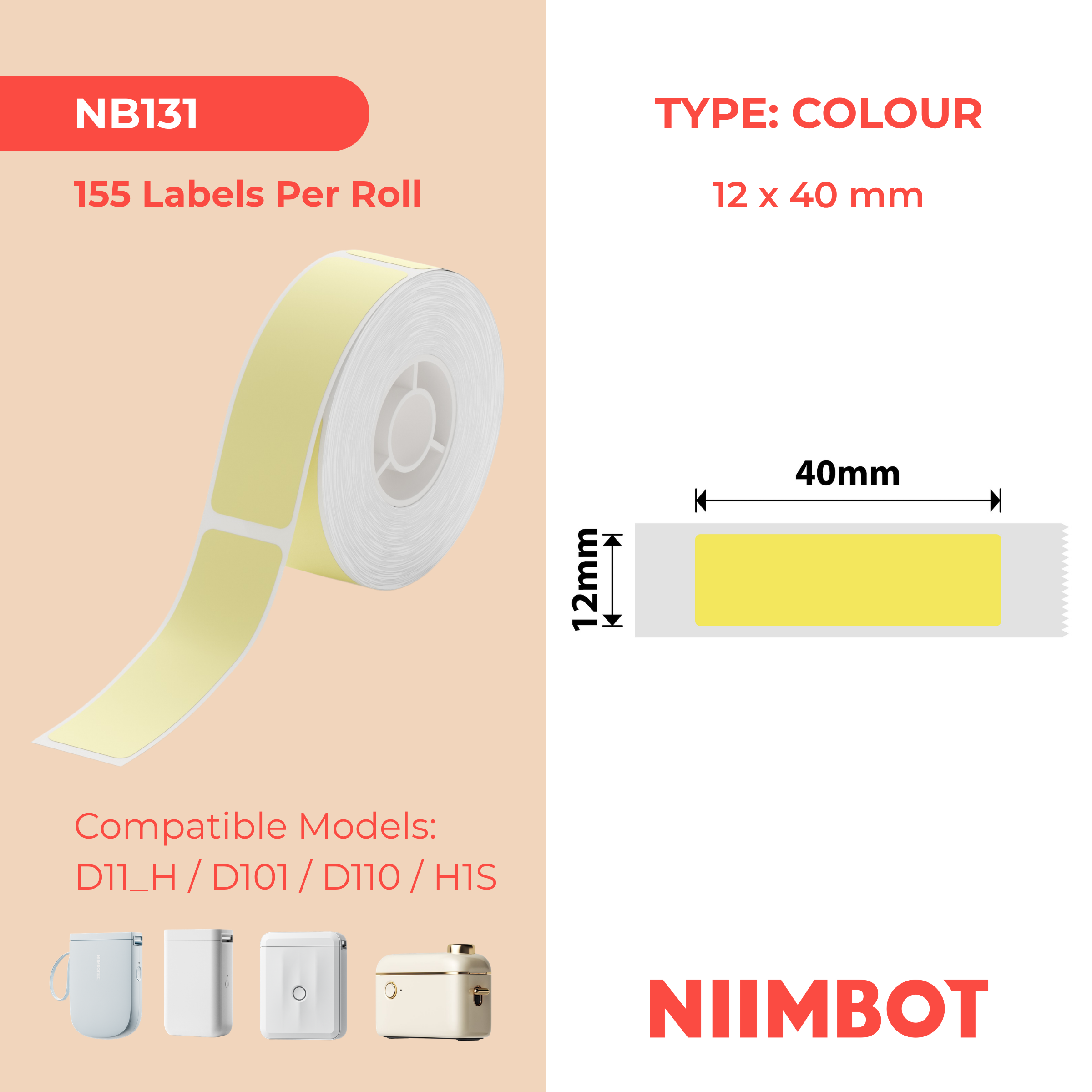 NIIMBOT - D Range - 12x40mm - Bright Yellow - 155 Labels