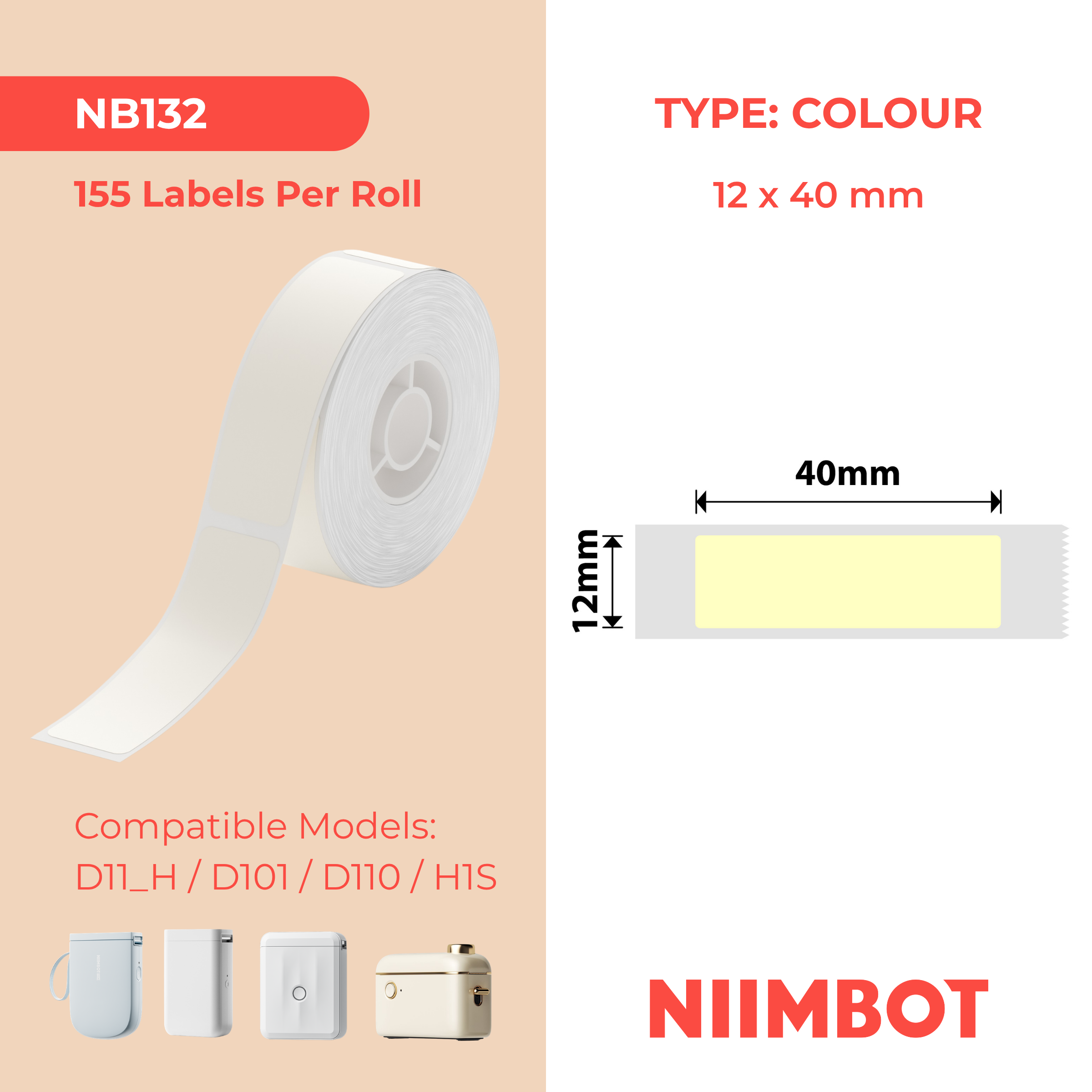 NIIMBOT - D Range - 12x40mm - Light Yellow - 155 Labels