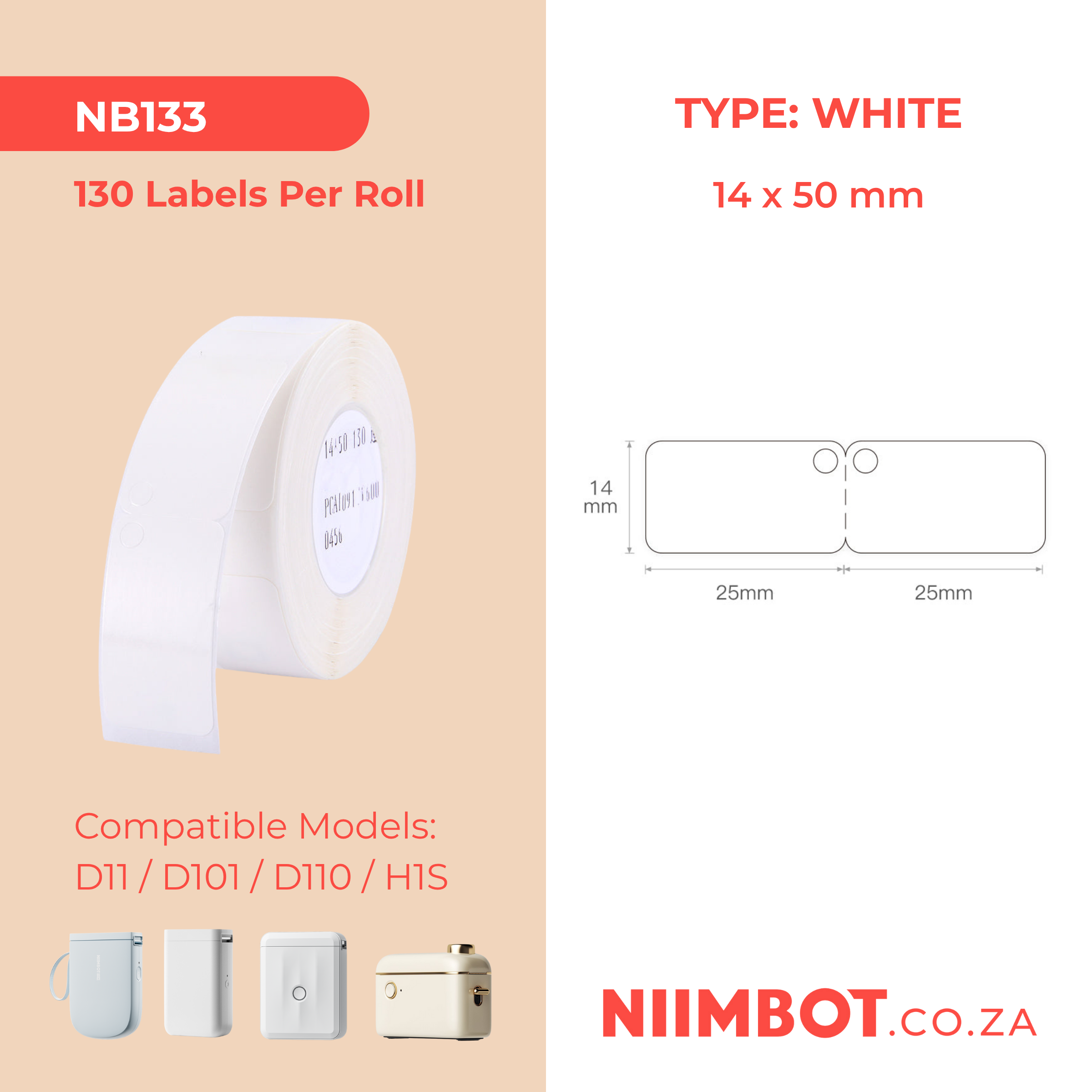 NB133 - NIIMBOT - D11 / D101 / D110 - 14*50MM FOLD - 130 LABELS PER ROLL - WHITE JEWELLERY TAG