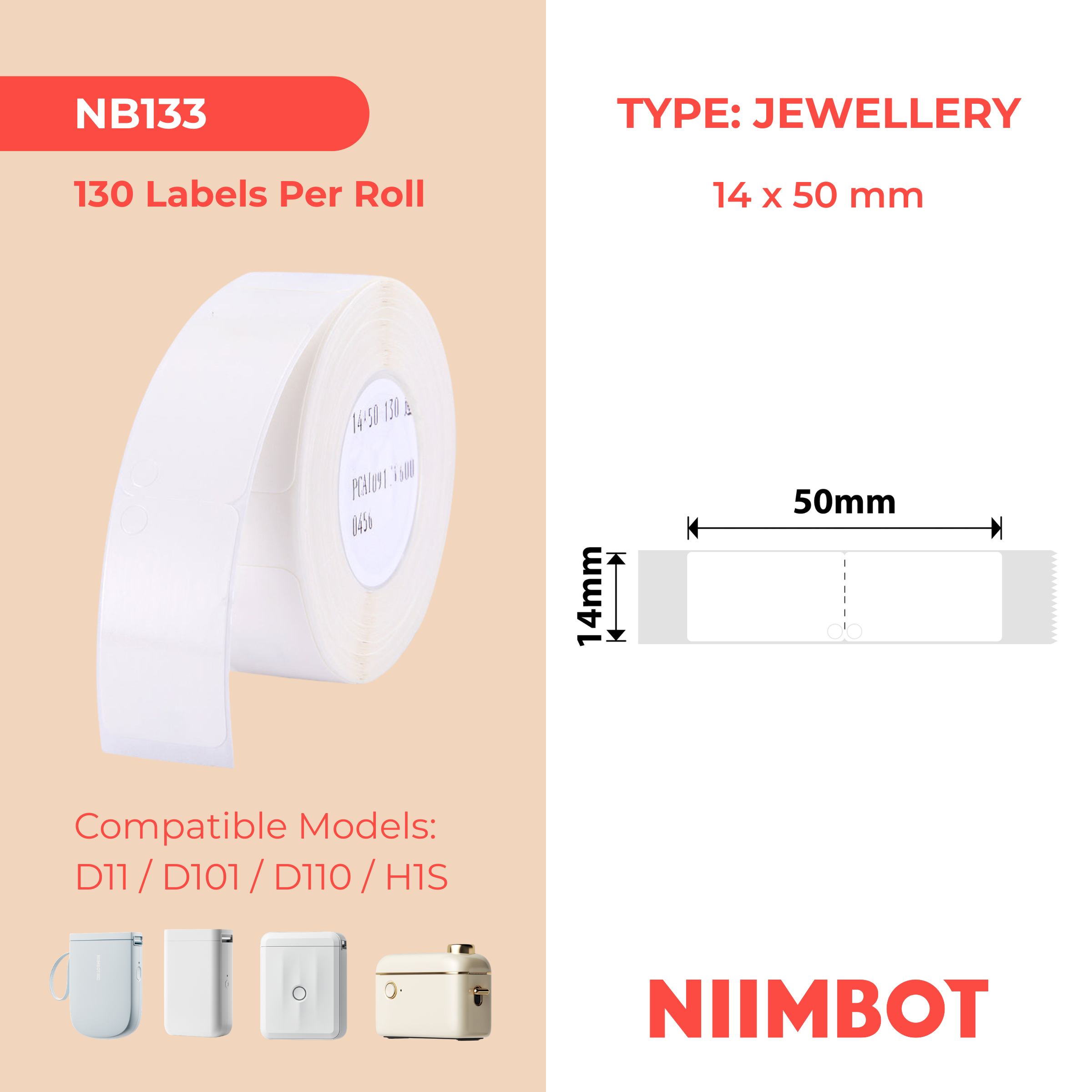 NB133 - NIIMBOT - D11 / D101 / D110 - 14*50MM VOU - 130 ETIKETTE PER ROL - WIT JUWELE-ETIKET