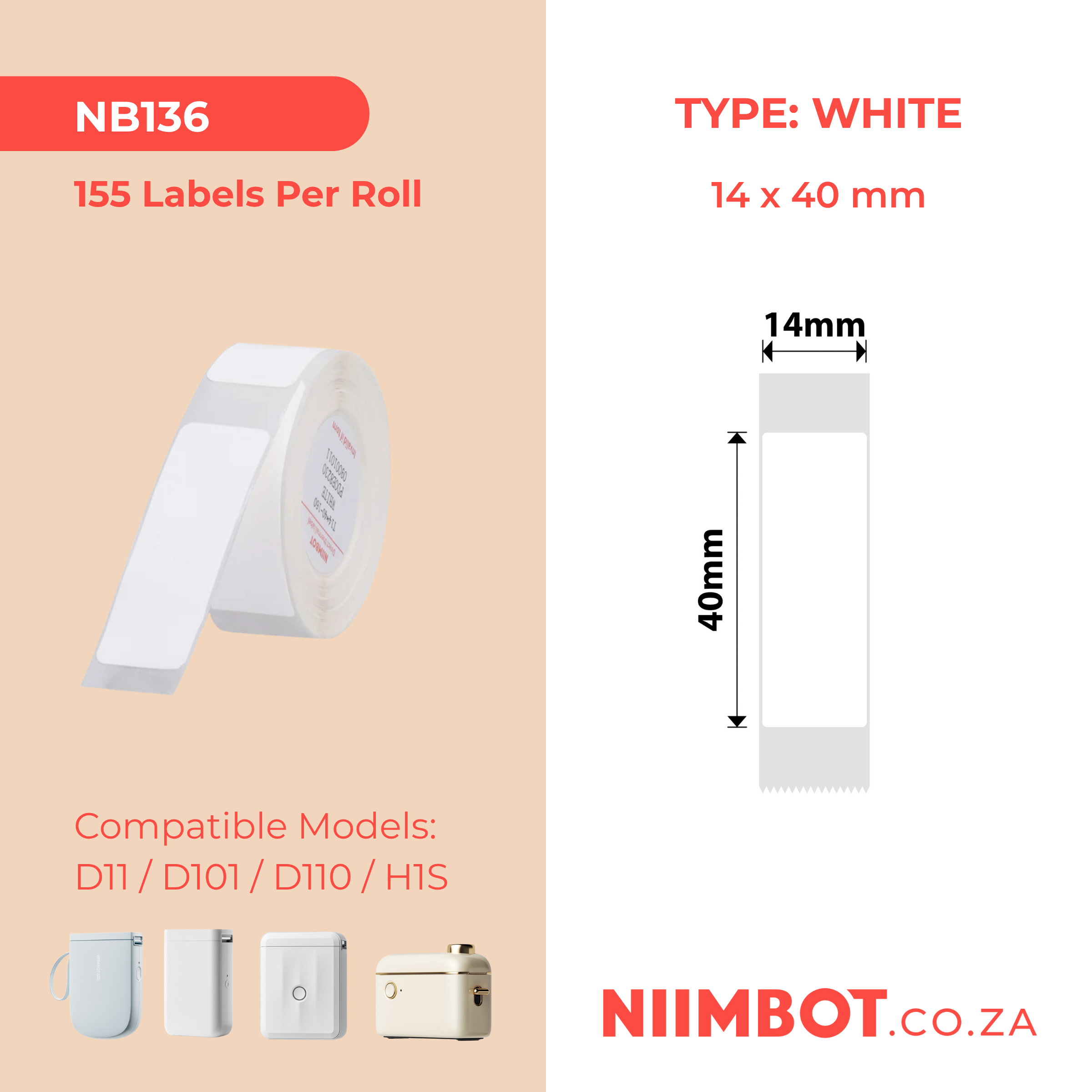 NB136 - NIIMBOT - D11 / D101 / D110 - RP14*40 - 155 LABELS PER ROLL - WHITE