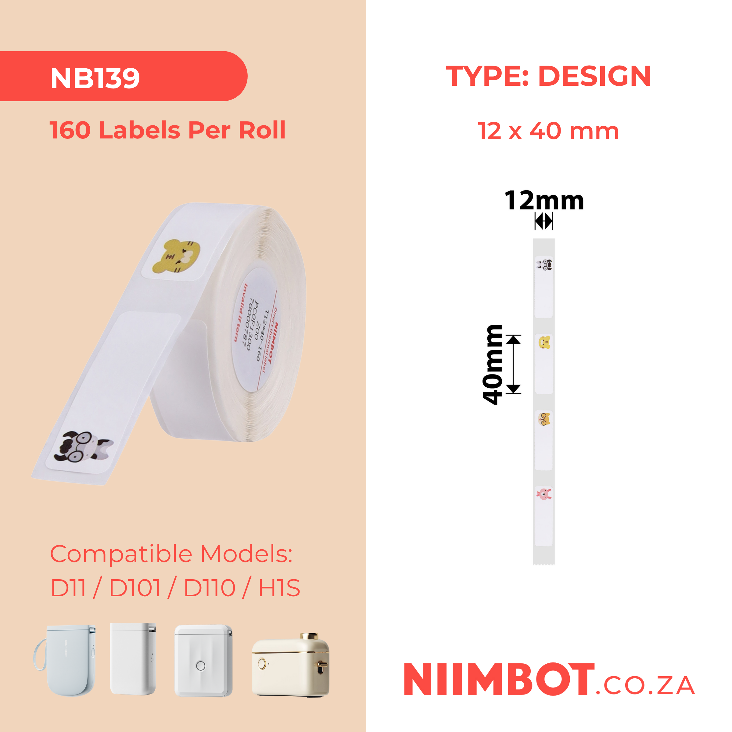 NB139 - NIIMBOT - D11 / D101 / D110 - RP12*40 - 160 LABELS PER ROLL - ZOO DESIGN