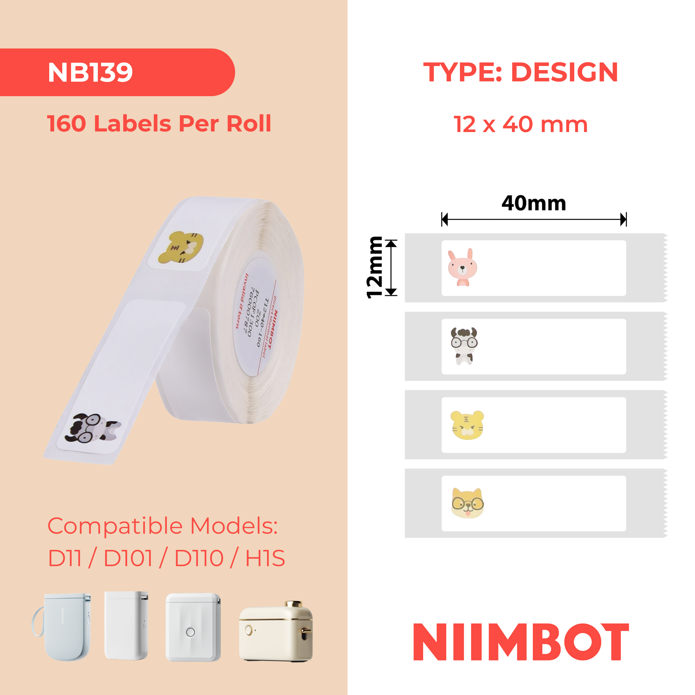 NB139 - NIIMBOT - D11 / D101 / D110 - RP12*40 - 160 ETIKETTE PER ROL - ZOO-ONTWERP