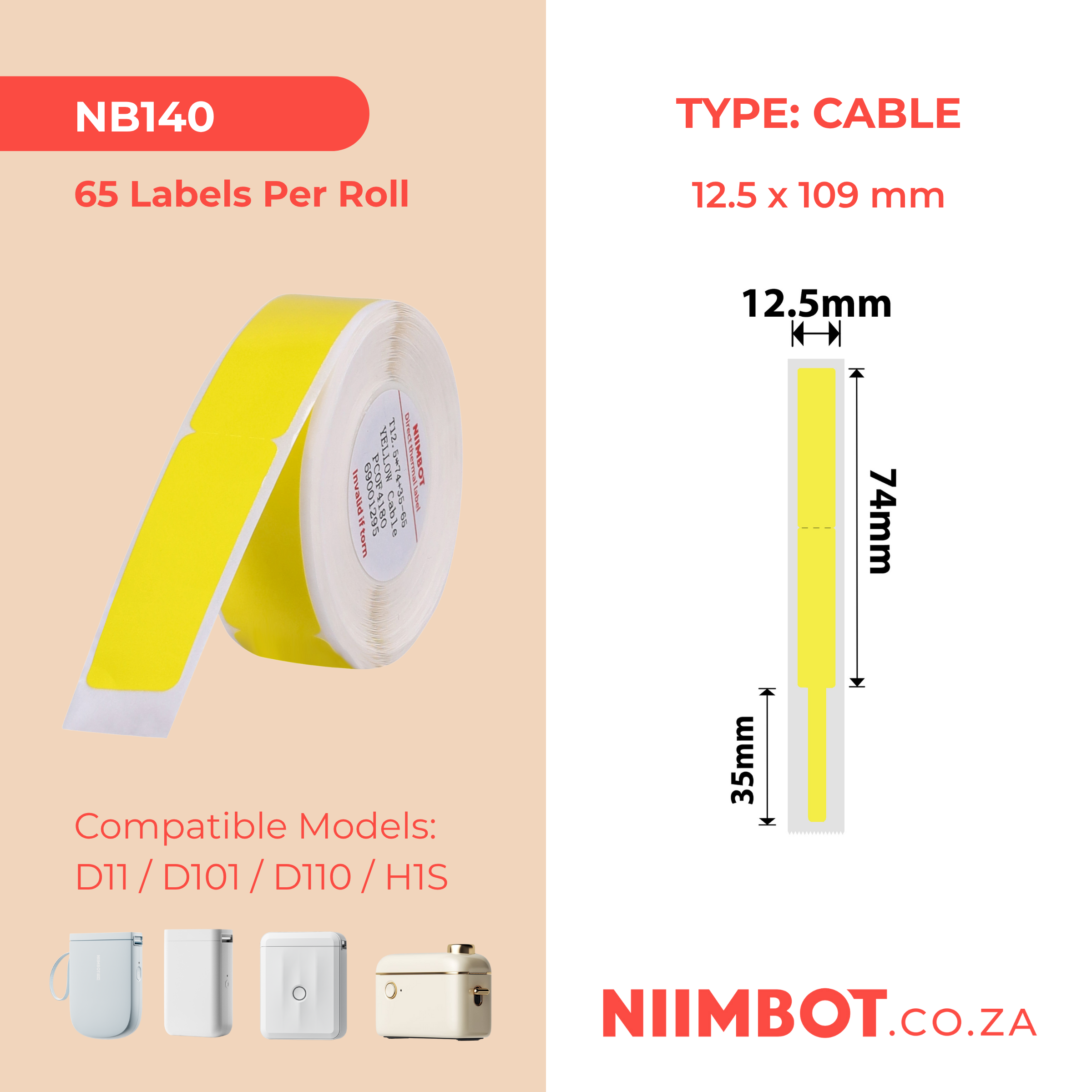NB140 - NIIMBOT - D11 / D101 / D110 - RXL 12.5*109MM - 65 LABELS PER ROLL - YELLOW CABLE