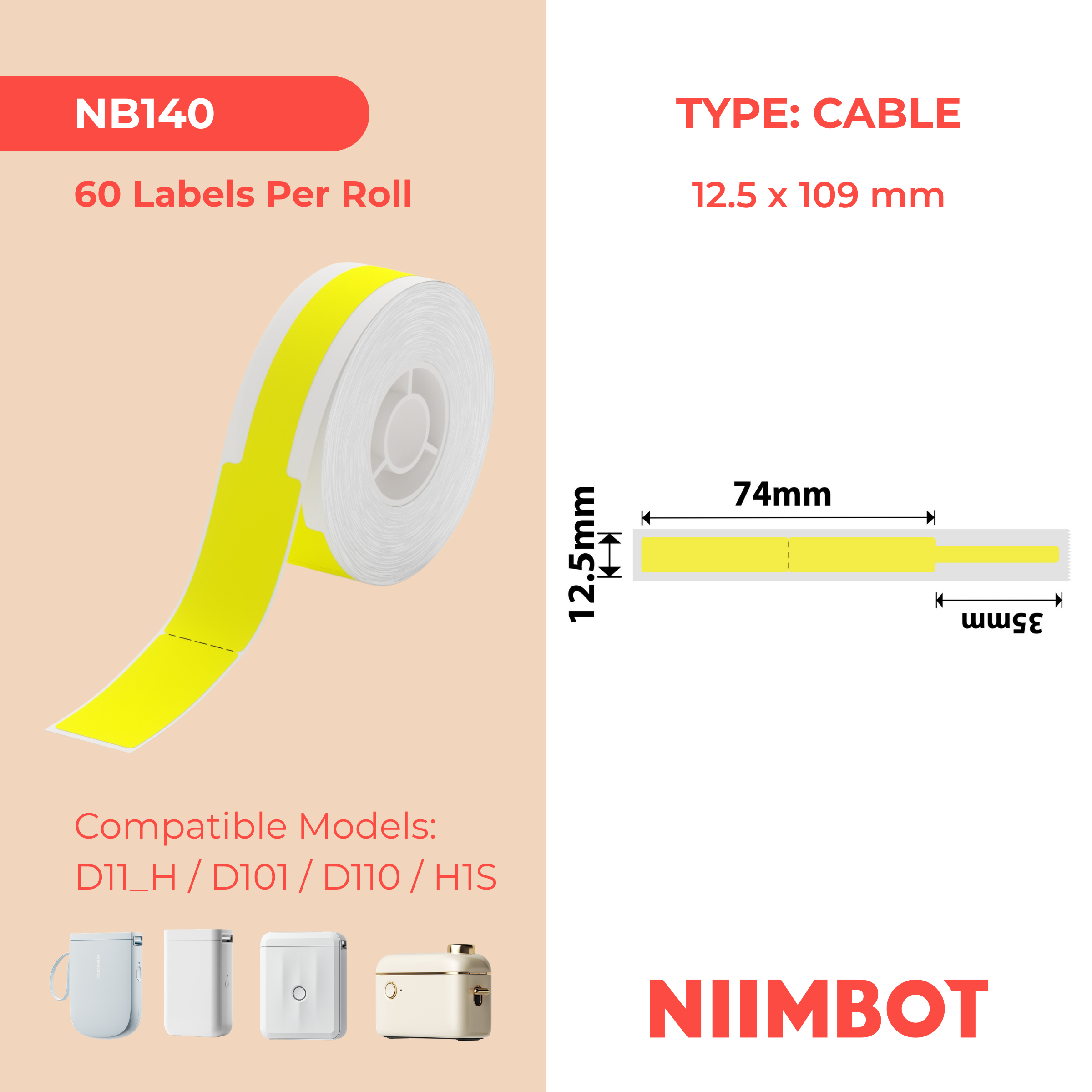 I-NB140 - NIIMBOT - D11 / D101 / D110 - RXL 12.5*109MM - 65 AMALEBO NGOKUQONGQWA NGAWO - IKHEBHULA ELITHULU