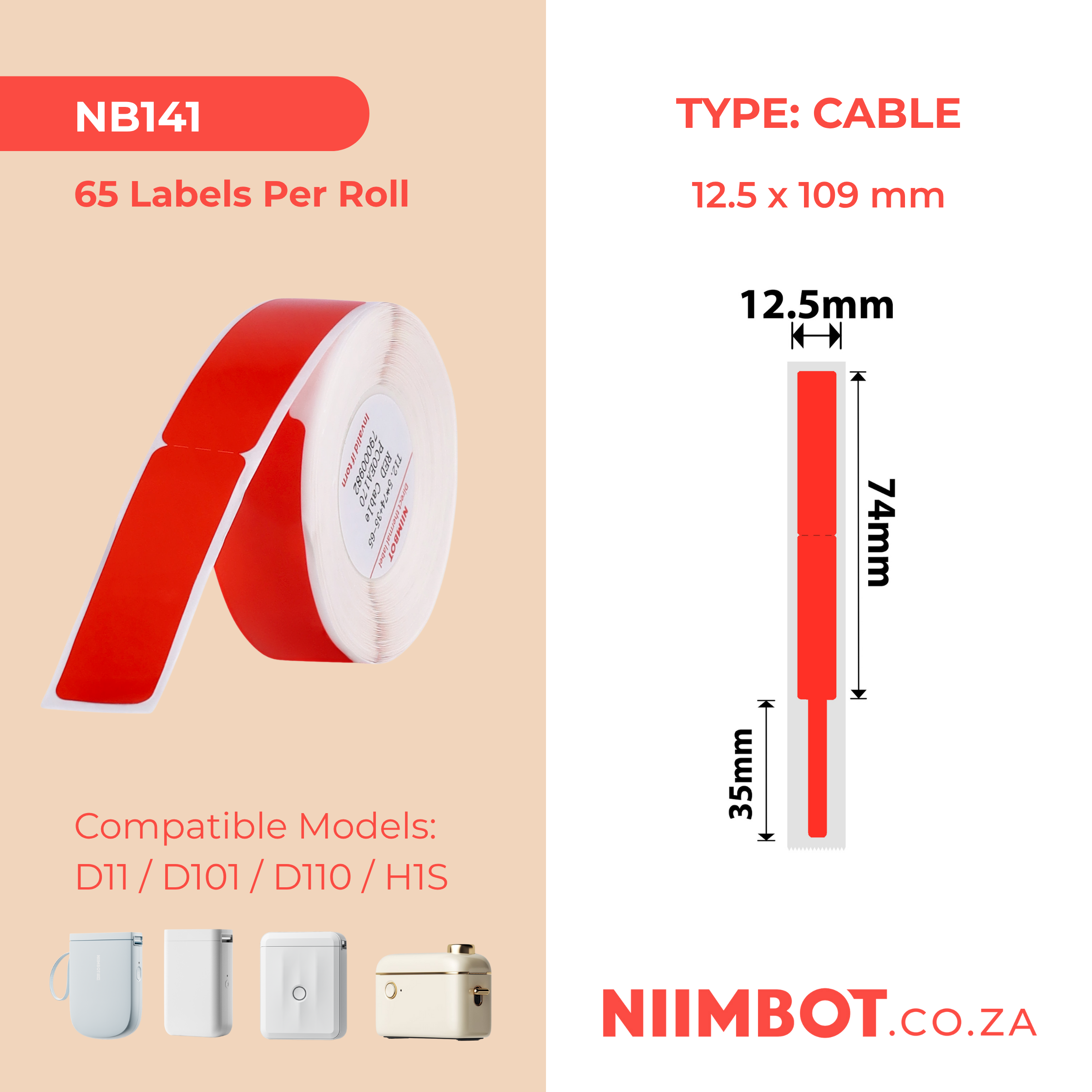NB141 - NIIMBOT - D11 / D101 / D110 - RXL 12.5*109MM - 65 LABELS PER ROLL - RED CABLE