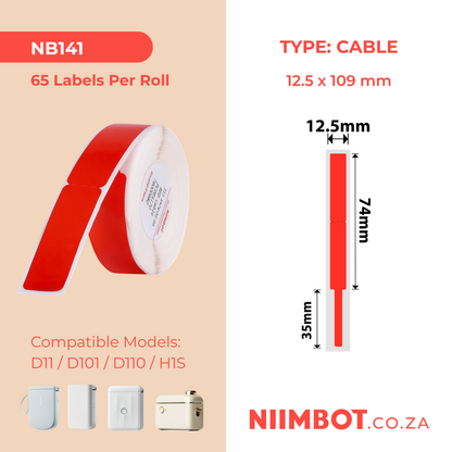 NB141 - NIIMBOT - D11 / D101 / D110 - RXL 12.5*109MM - 65 LABELS PER ROLL - RED CABLE