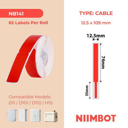 NB141 - NIIMBOT - D11 / D101 / D110 / H1S - RXL 12.5X109MM - 65 LABELS PER ROLL - RED CABLE