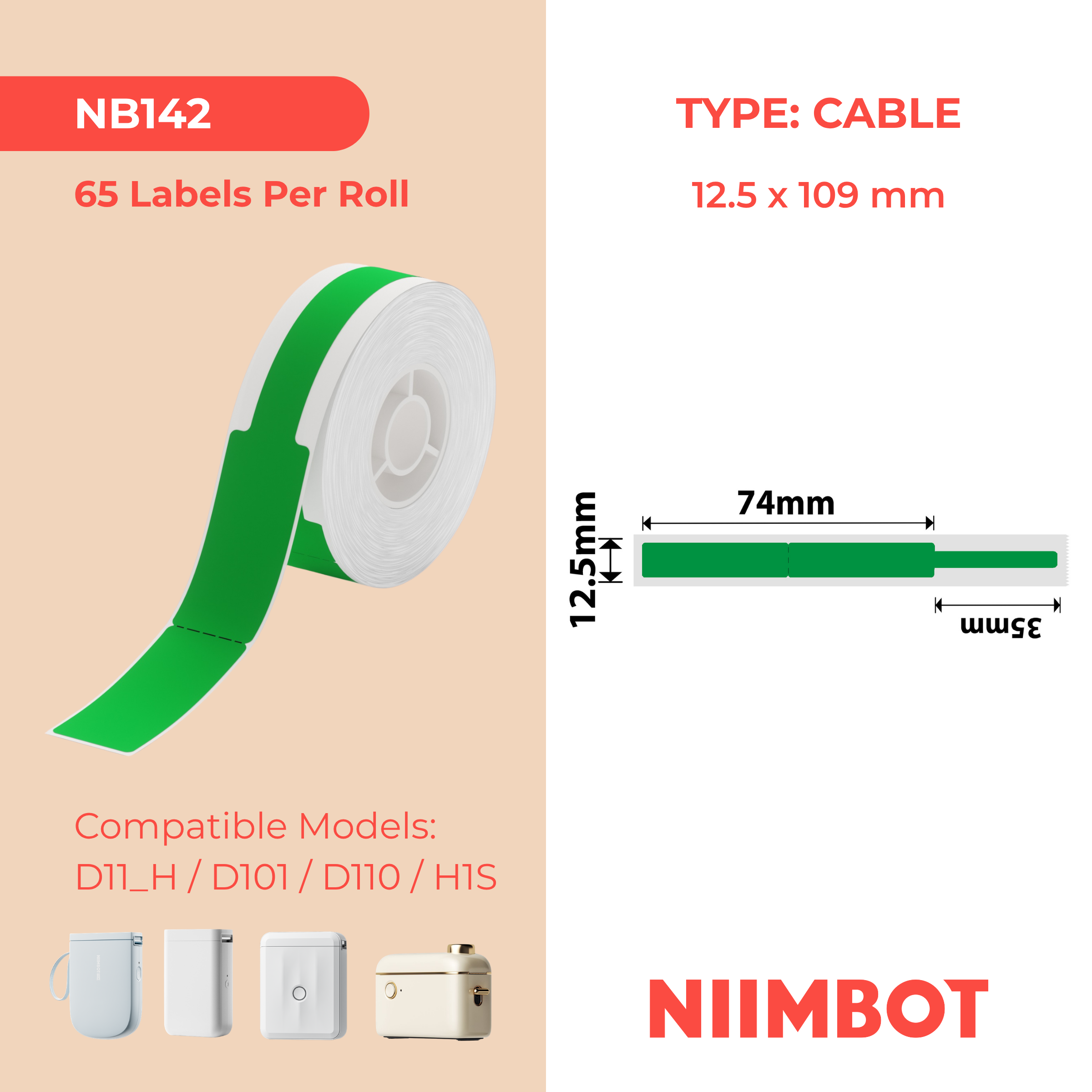 NIIMBOT - D Range - 12.5x109mm - Green Cable - 65 Labels