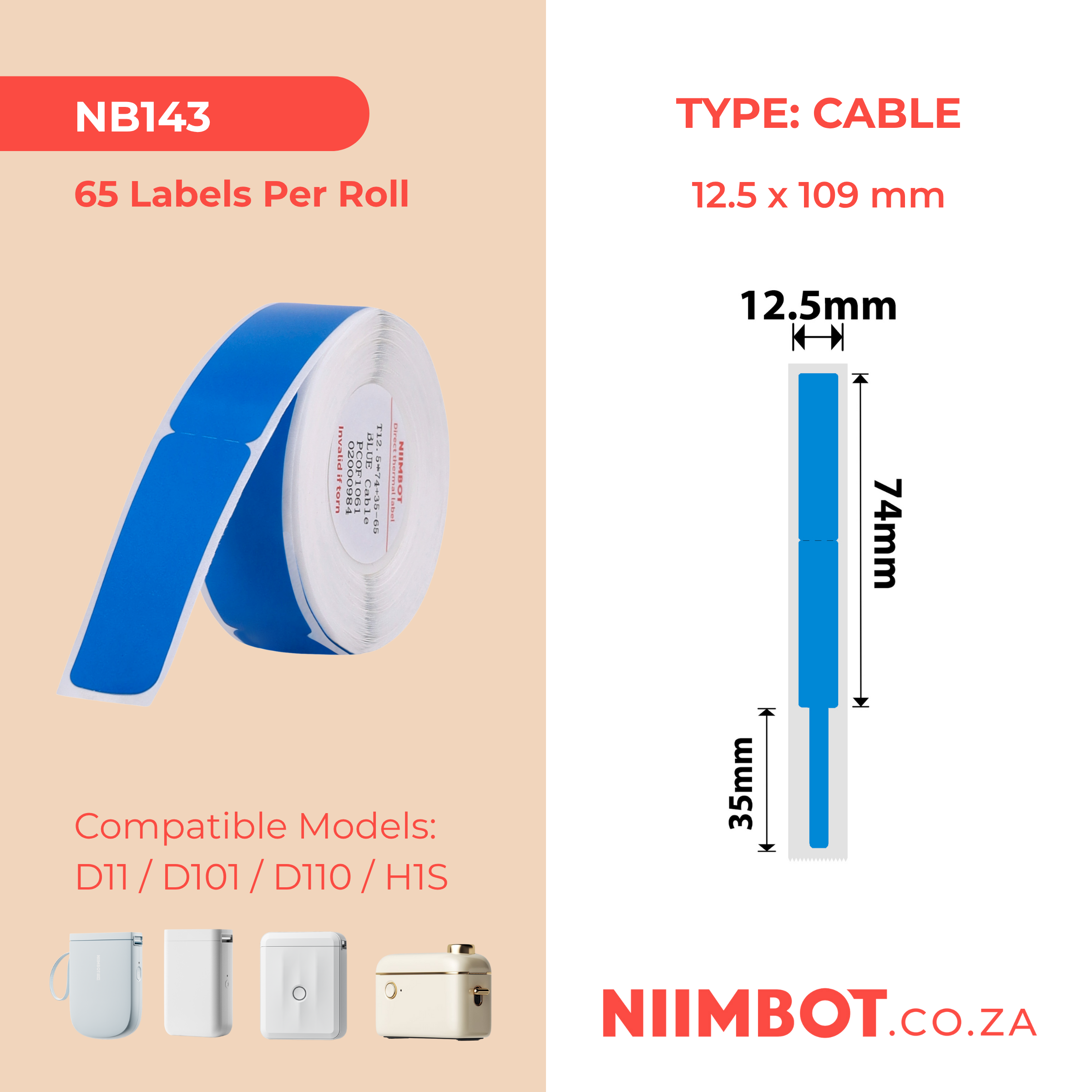 NB143 - NIIMBOT - D11 / D101 / D110 - RXL 12.5*109MM - 65 ETIKETTE PER ROL - BLOU KABEL