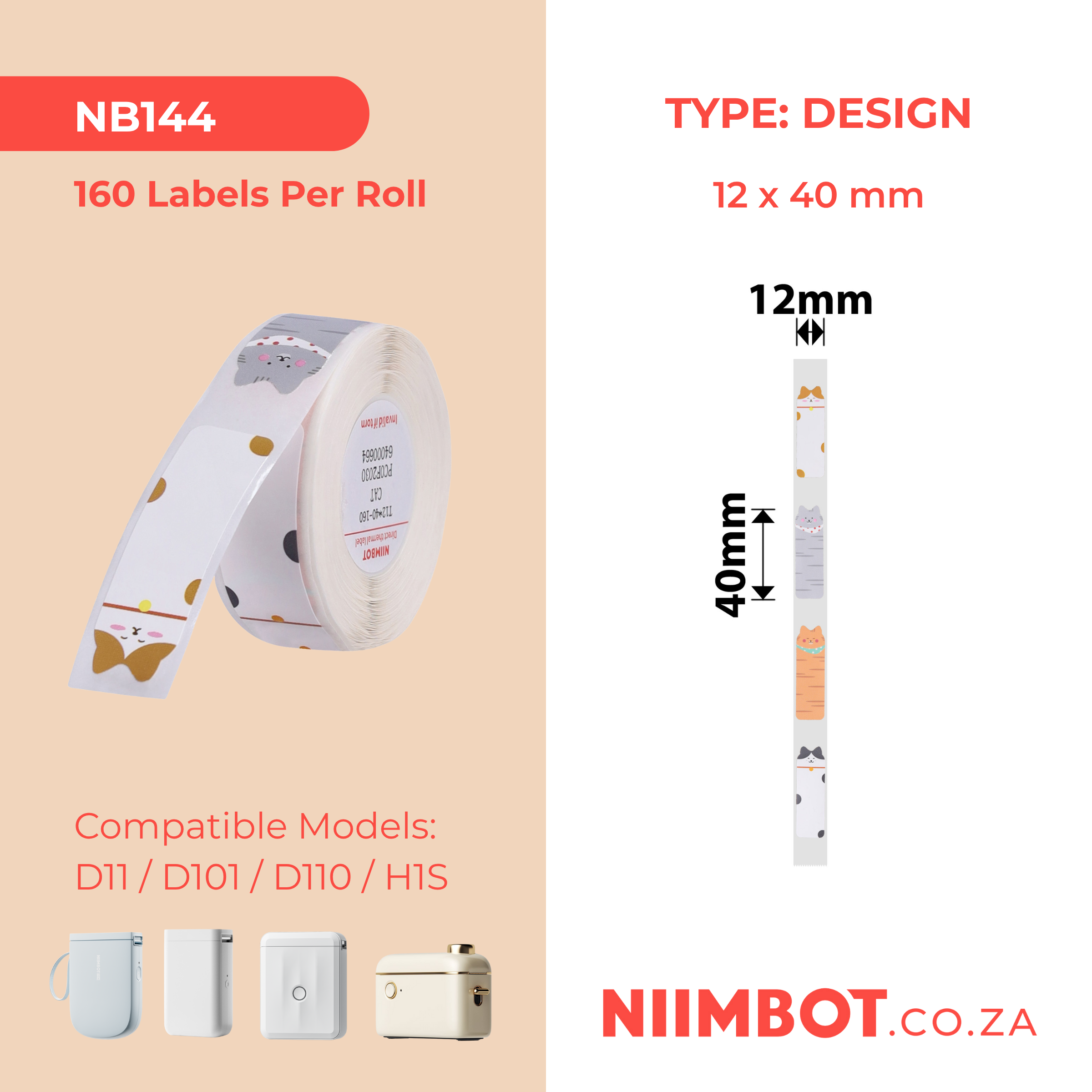 NB144 - NIIMBOT - D11 / D101 / D110 - RP12*40 - 160 ETIKETTE PER ROL - KATONTWERP