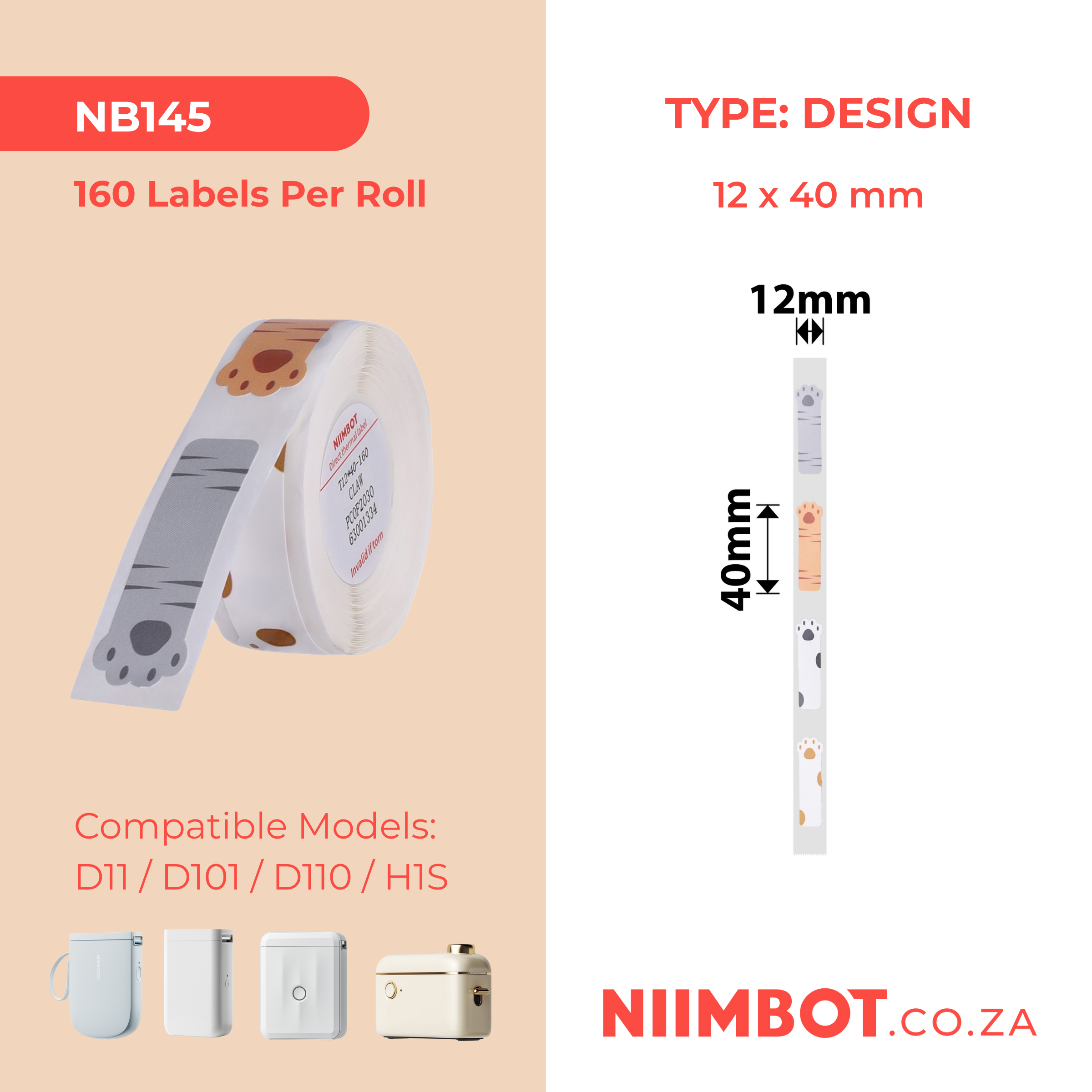 NB145 - NIIMBOT - D11 / D101 / D110 - RP12*40 - 160 ETIKETTE PER ROL - KATPOOTONTWERP