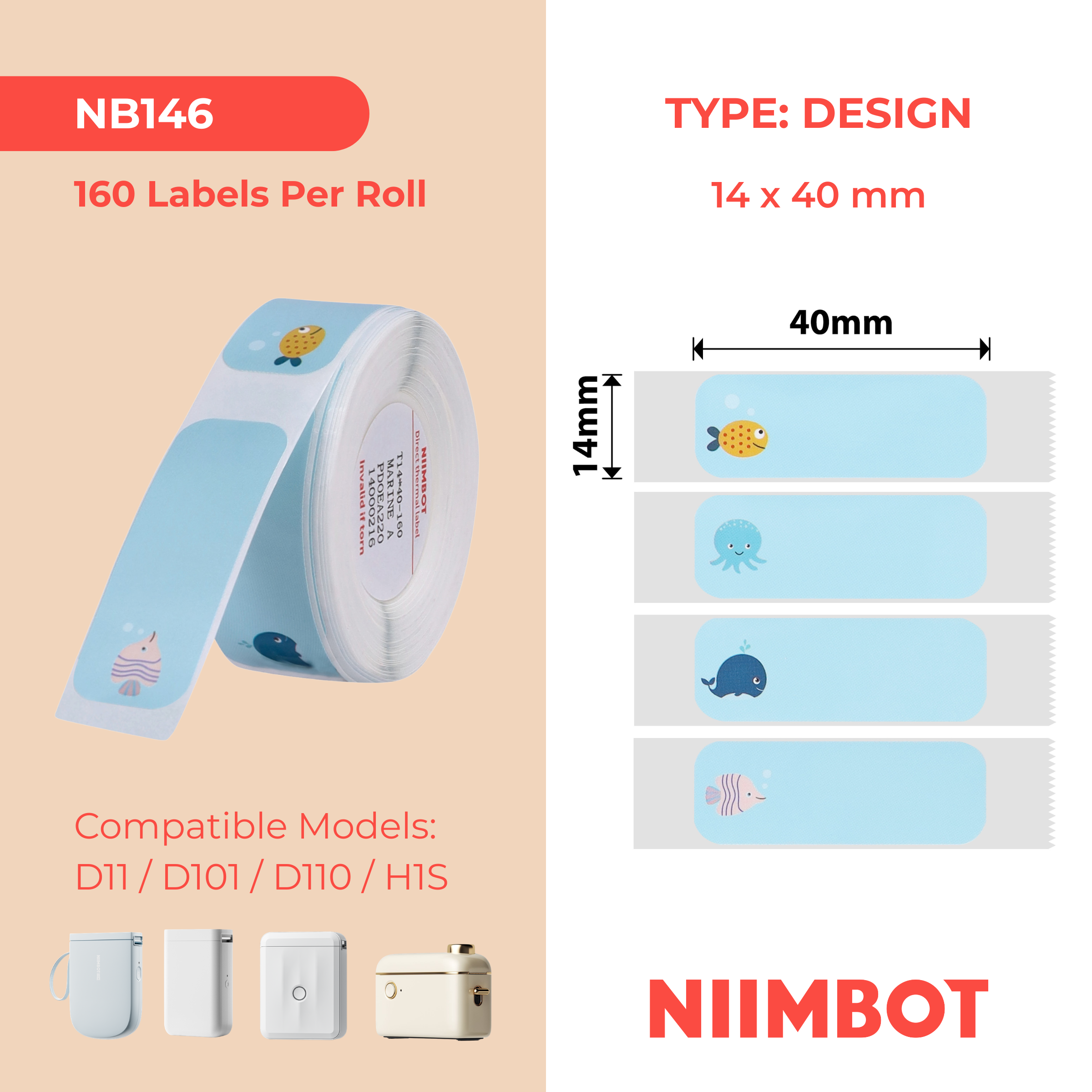 NB146 - NIIMBOT - D11 / D101 / D110 - RP14*40 - 160 ETIKETTE PER ROL - GEMENGDE SEEDIER-ONTWERP