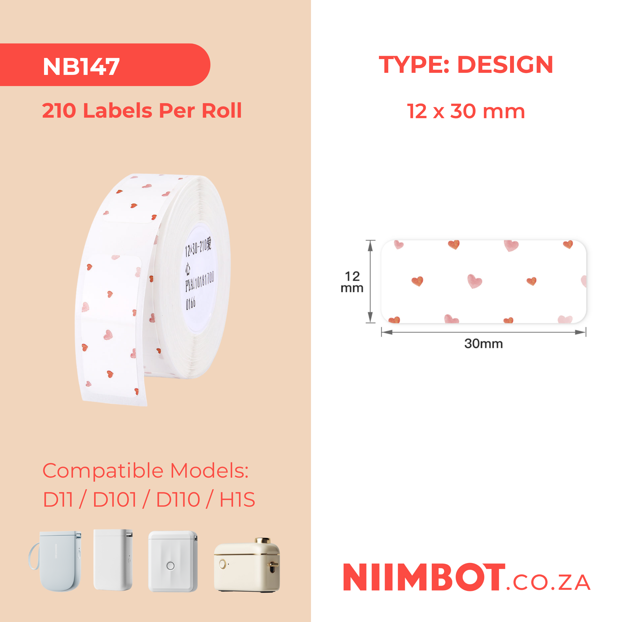 NB147 - NIIMBOT - D11 / D101 / D110 - 12*30MM - 210 TERMIESE ETIKETTE - LIEFDE-ONTWERP