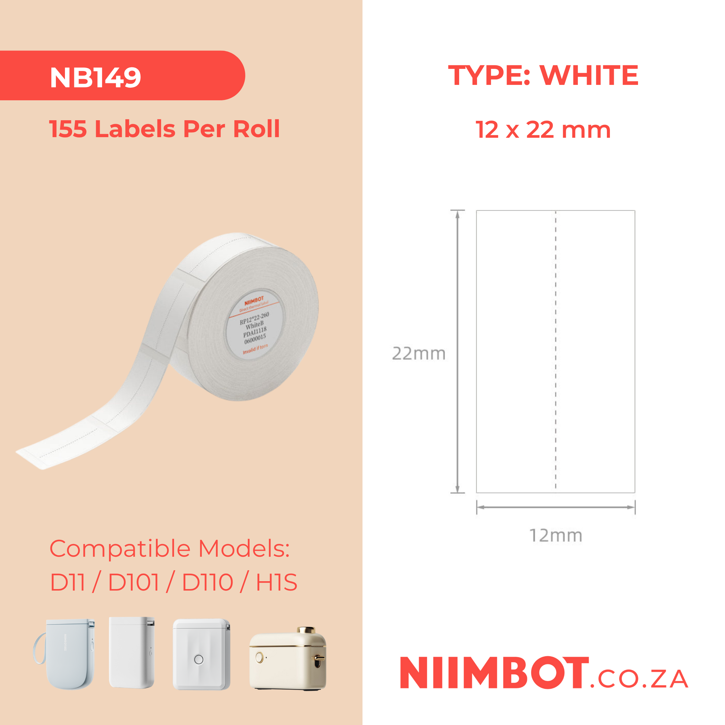 NB149 - NIIMBOT - D11 / D101 / D110 - 12*22MM - 260 TERMIESE ETIKETTE - GESPLIT - WIT