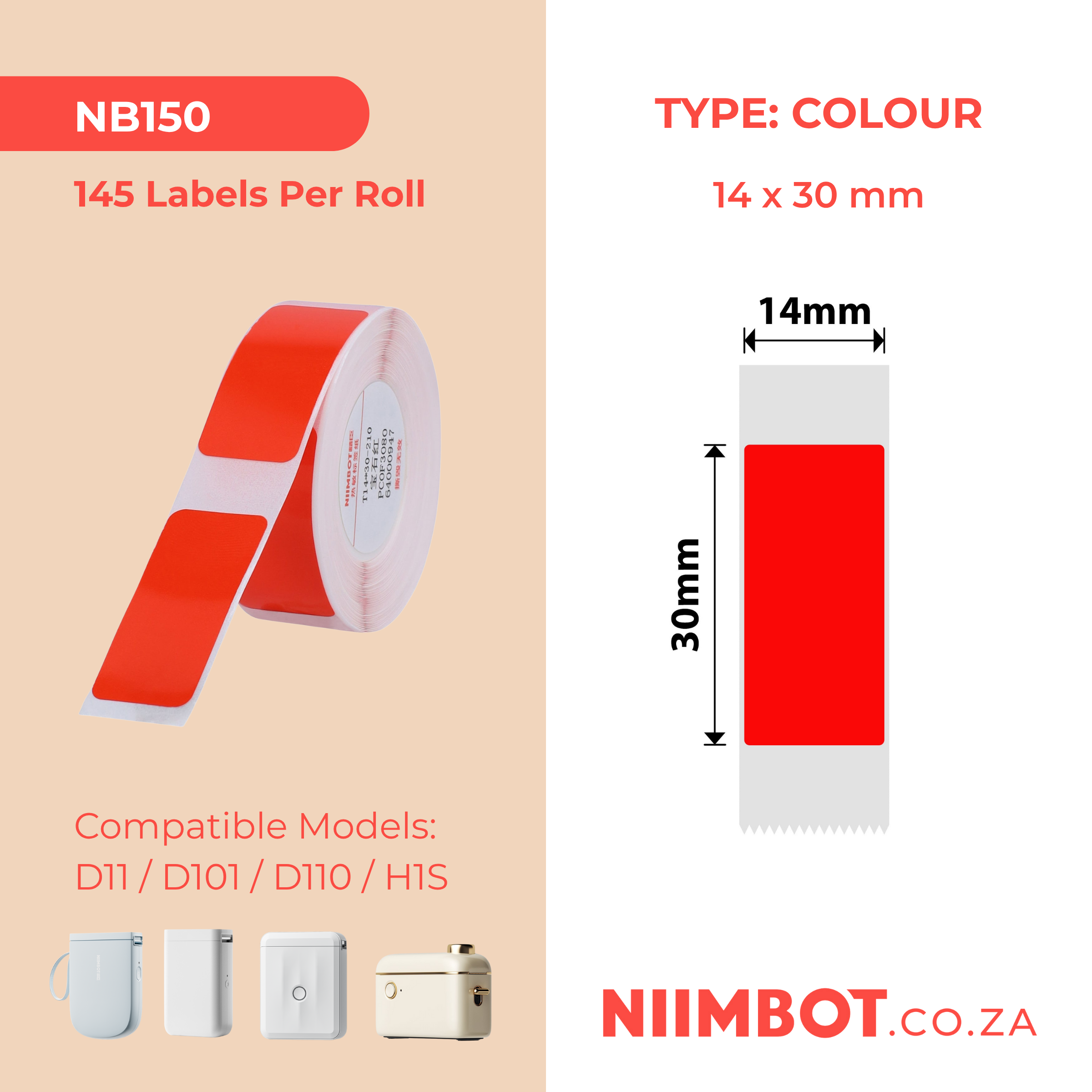 NB150 - NIIMBOT - D11 / D101 / D110 - 14*30MM - 210 ETIKETTE PER ROL - SOLIEDE ROBYNROOI ONTWERP