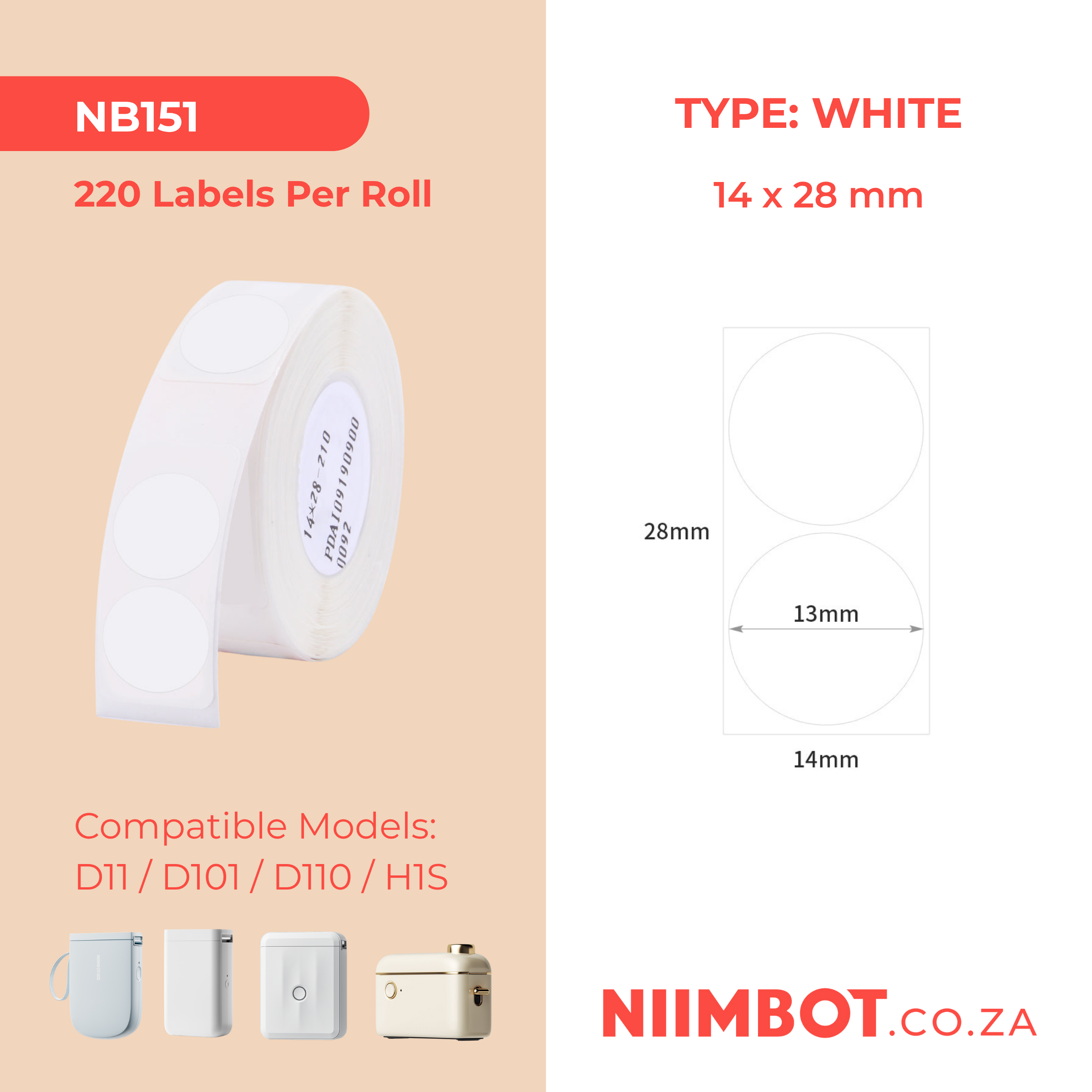 NB151 - NIIMBOT - D11 / D101 / D110 - 14*28MM - 220 ETIKETTE PER ROL - DUBBELROND - WIT