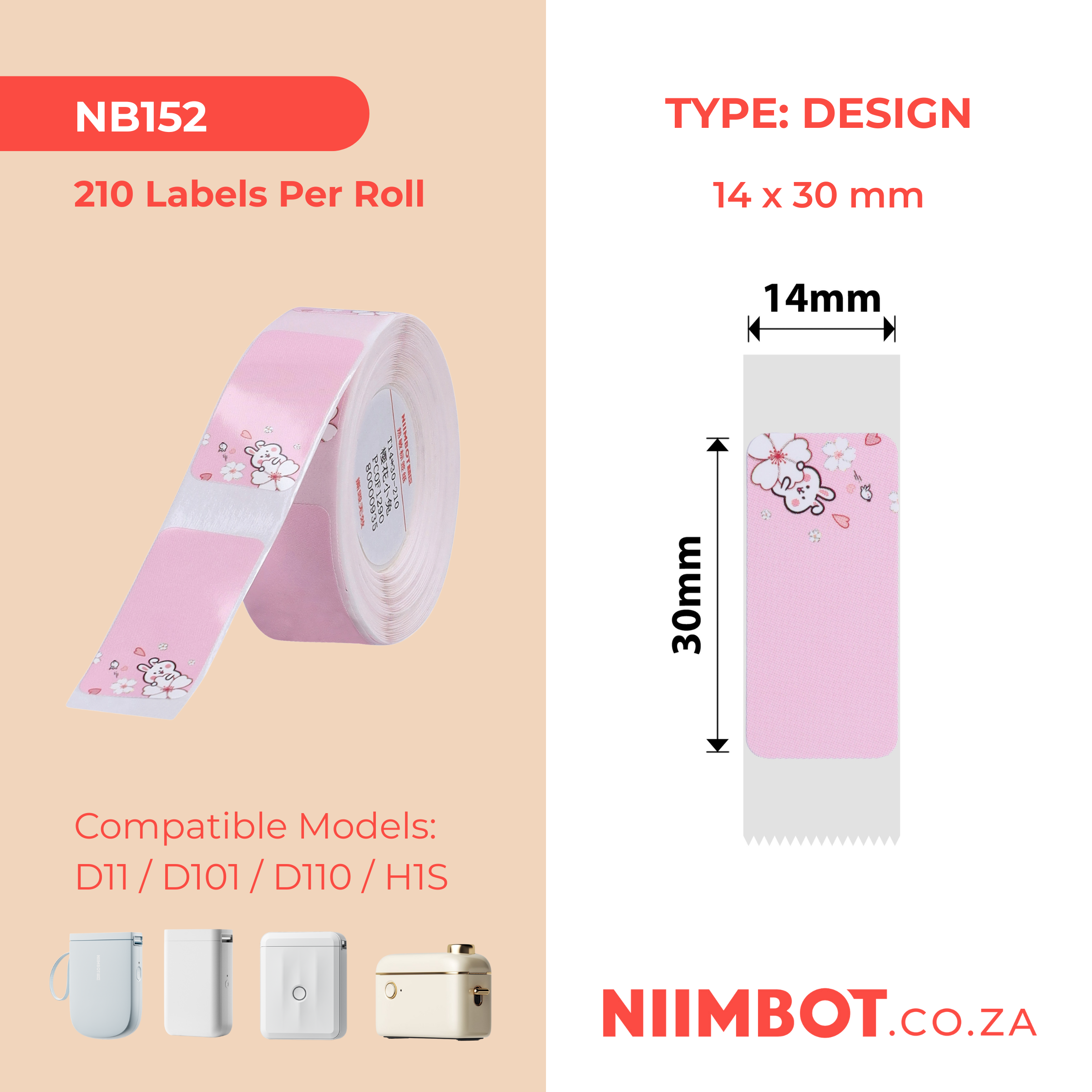 NB152 - NIIMBOT - D11 / D101 / D110 - RP14*30 - 210 ETIKETTE PER ROL - PIENK KONYNONTWERP