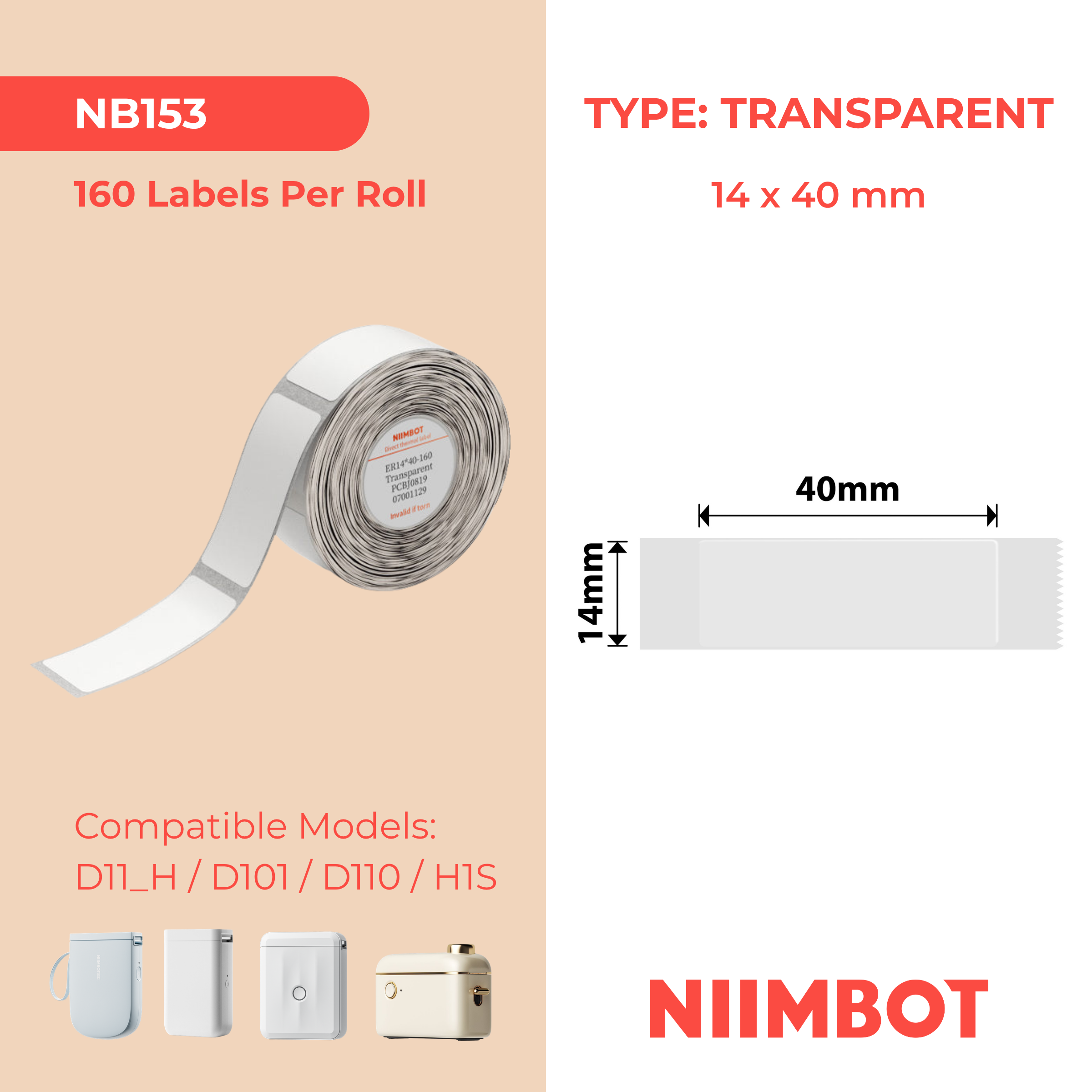 I-NB153 - NIIMBOT - D11 / D101 / D110 - 14X40MM - 160 AMALEBO NGEROLI NGALINYE - ANGABONAKALI