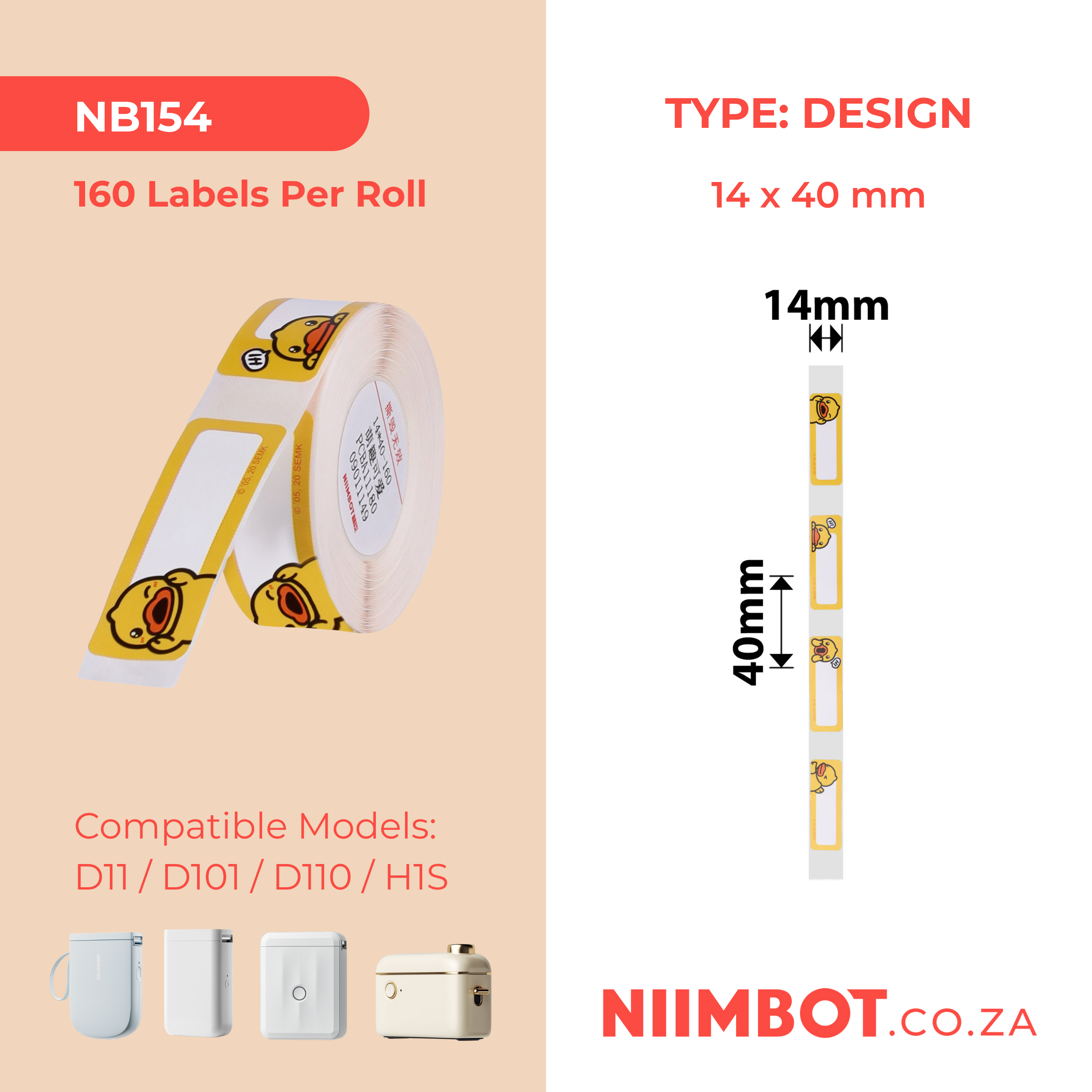 NB154 - NIIMBOT - D11 / D101 / D110 - R14*40 - 160 LABELS PER ROLL - CUTE DUCK DESIGN
