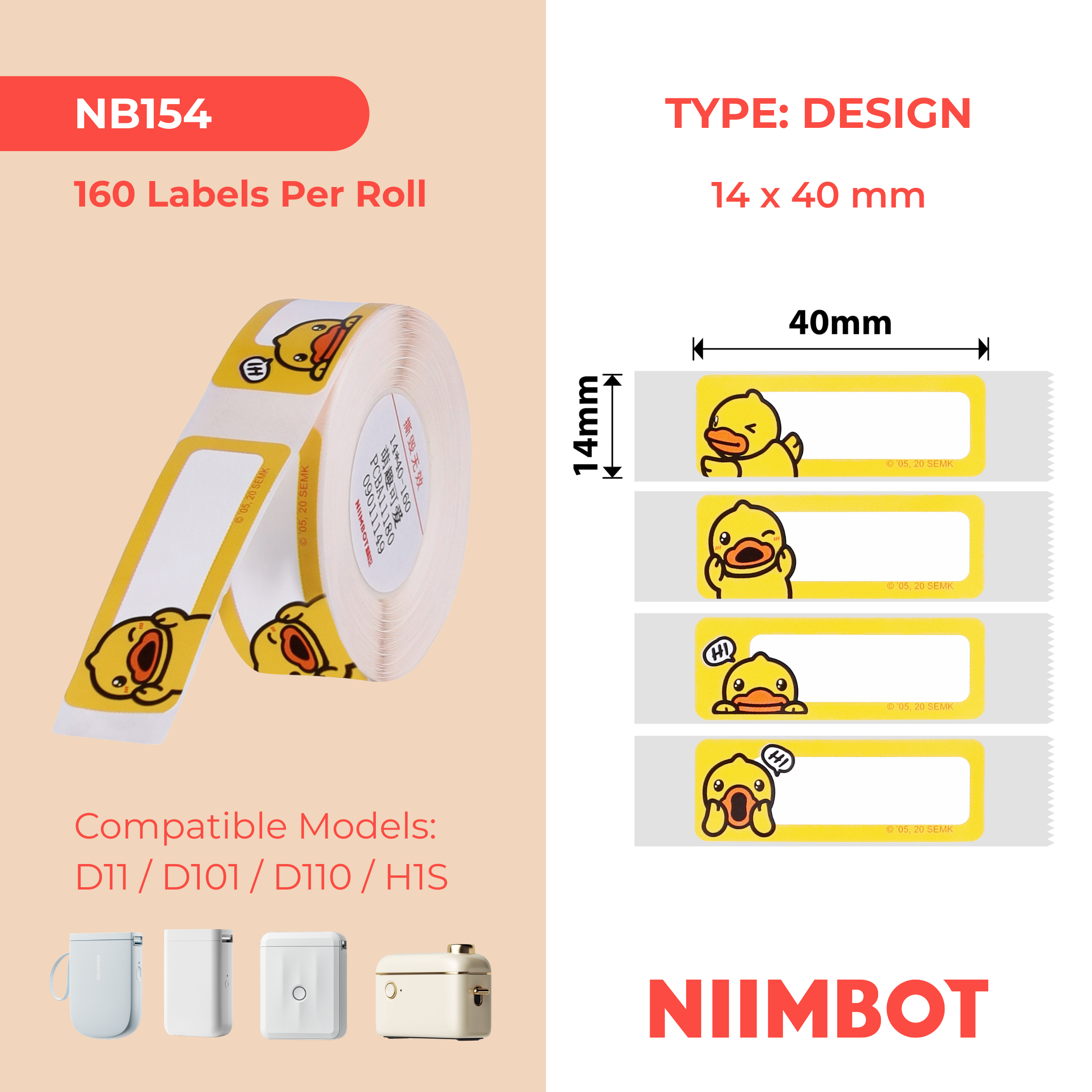 NB154 - NIIMBOT - D11 / D101 / D110 - R14*40 - 160 ETIKETTE PER ROL - OULIKE EENDONTWERP