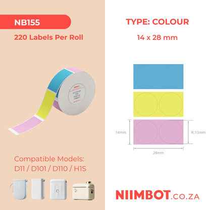 NB155 - NIIMBOT - D11 / D101 / D110 - 14*28MM - 220 LABELS PER ROLL - SOLD PYB (MULTI- COLOUR) DESIGN