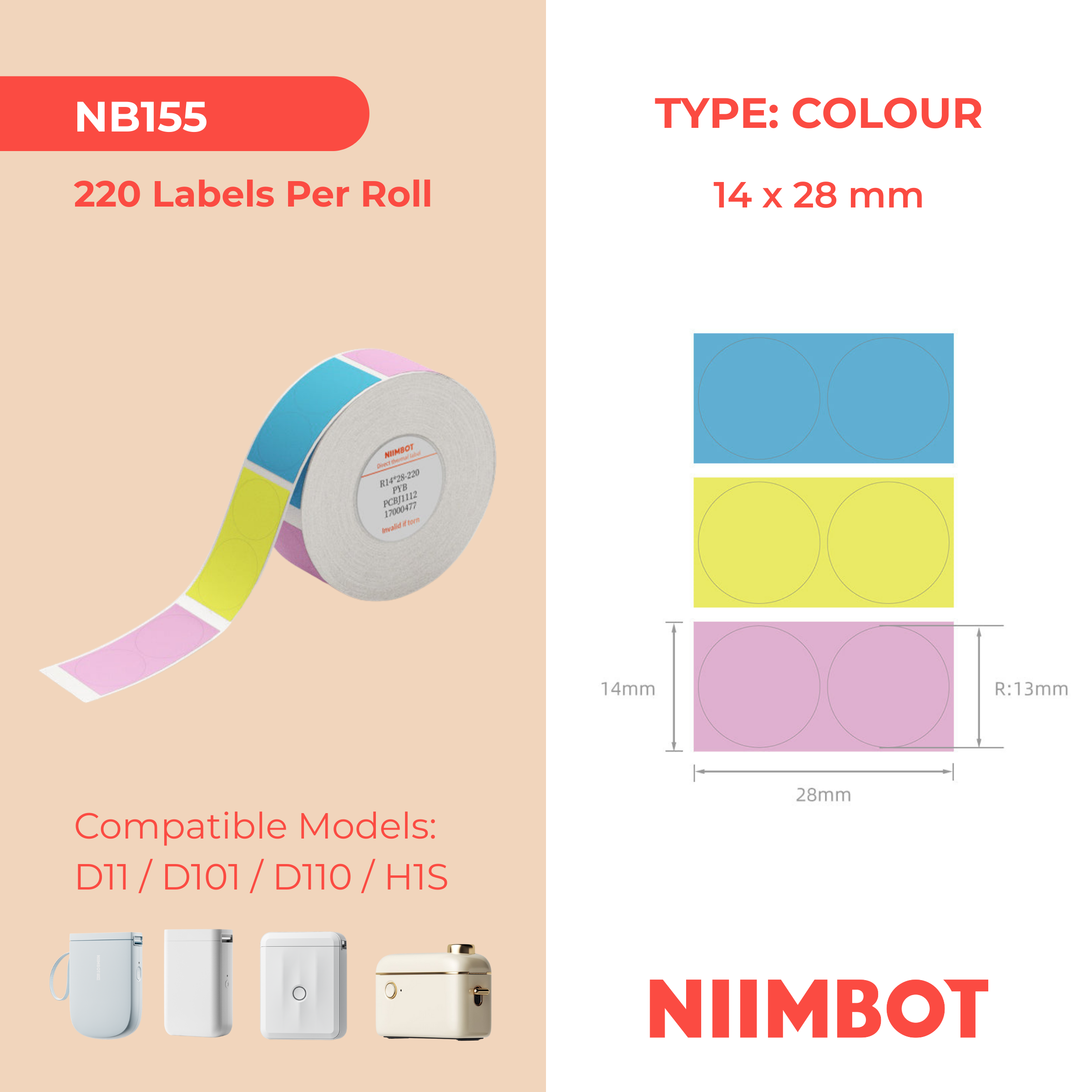 I-NB155 - NIIMBOT - D11 / D101 / D110 - 14*28MM - 220 LABELS NGEROLI NGAMUNYE - OKUDAYISWA I-PYB (MULTI- COLOUR) DESIGN