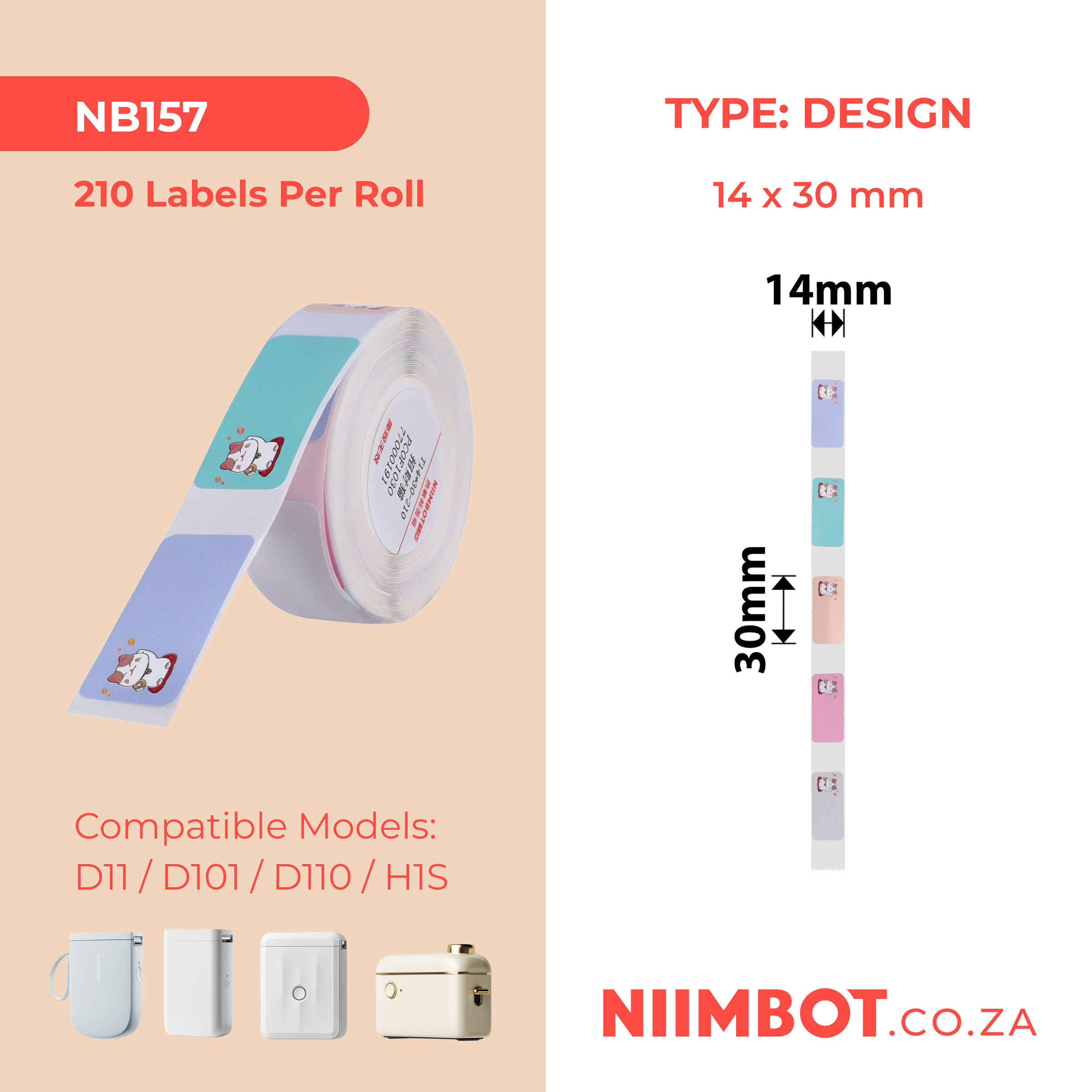 NB157 - NIIMBOT - D11 / D101 / D110 - R14*30 - 210 LABELS PER ROLL- FORTUNE CAT DESIGN
