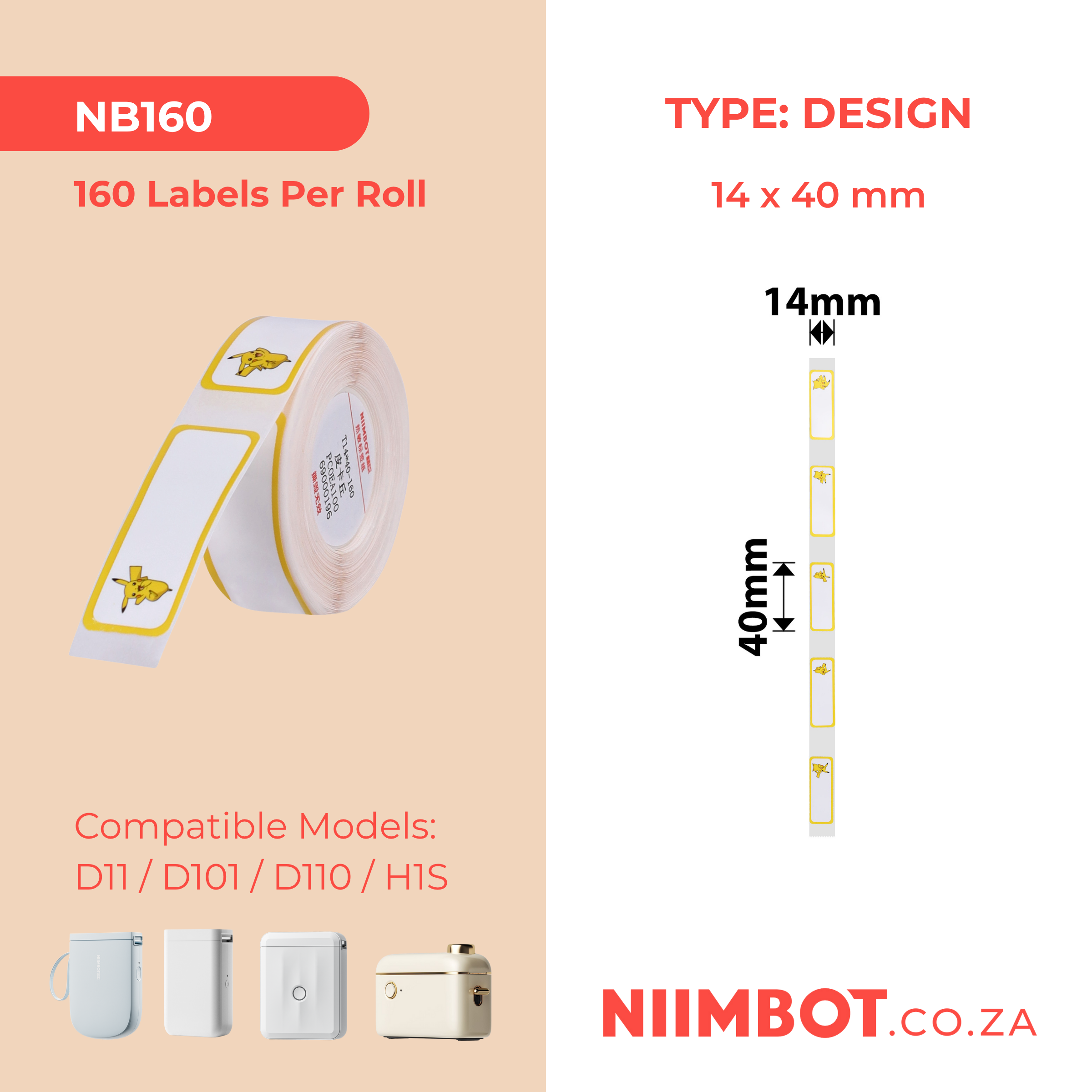 NB160 - NIIMBOT - D11 / D101 / D110 - R14*40 - 160 LABELS PER ROLL - PIKACHU C