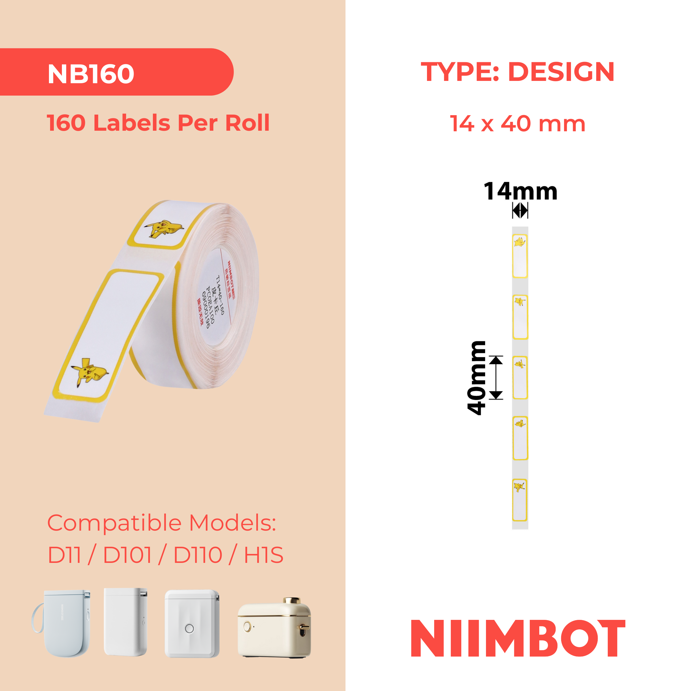 NB160 - NIIMBOT - D11 / D101 / D110 / H1S - 14X40MM - 160 PIKACHU C LABELS