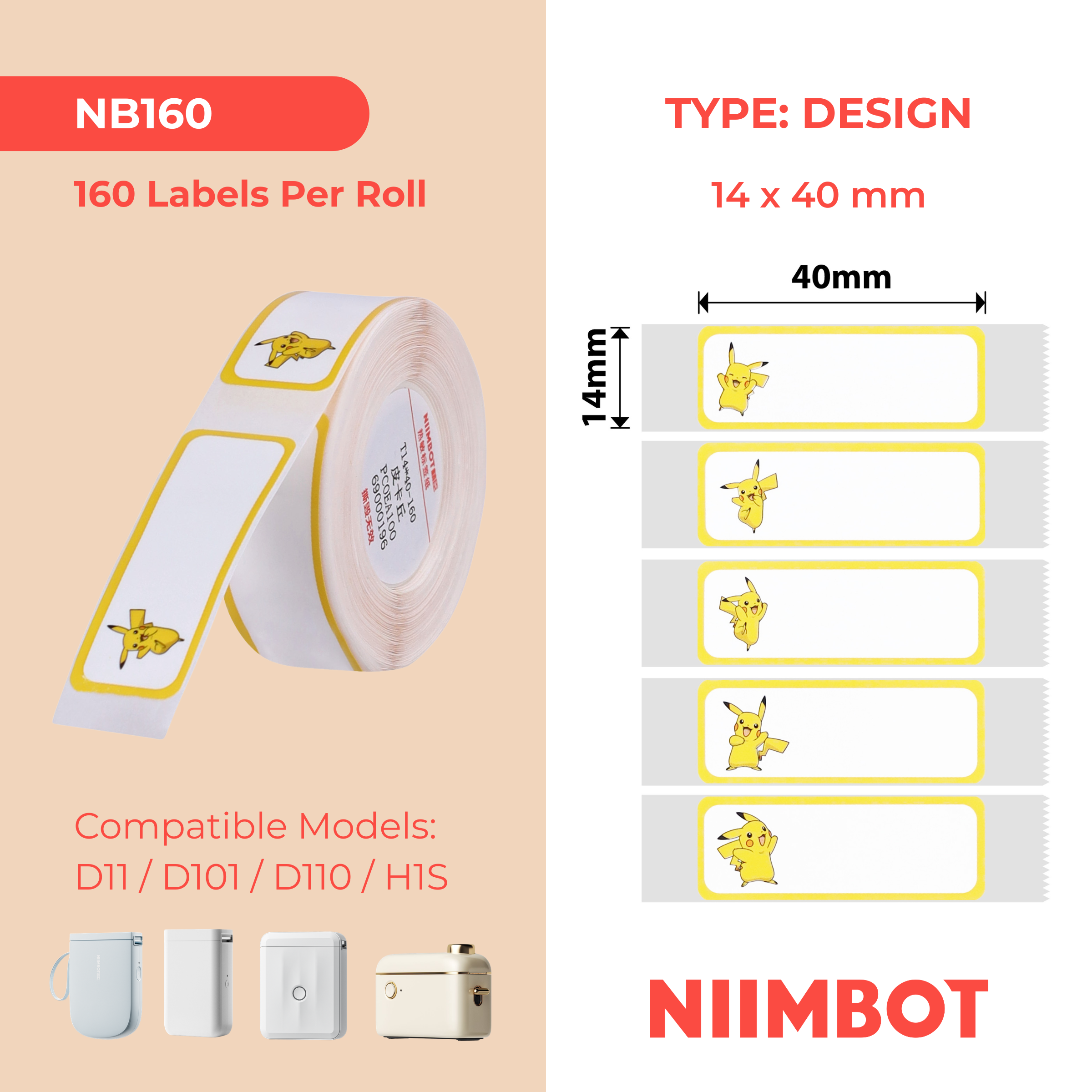 NB160 - NIIMBOT - D11 / D101 / D110 - R14*40 - 160 ETIKETTE PER ROL - PIKACHU C