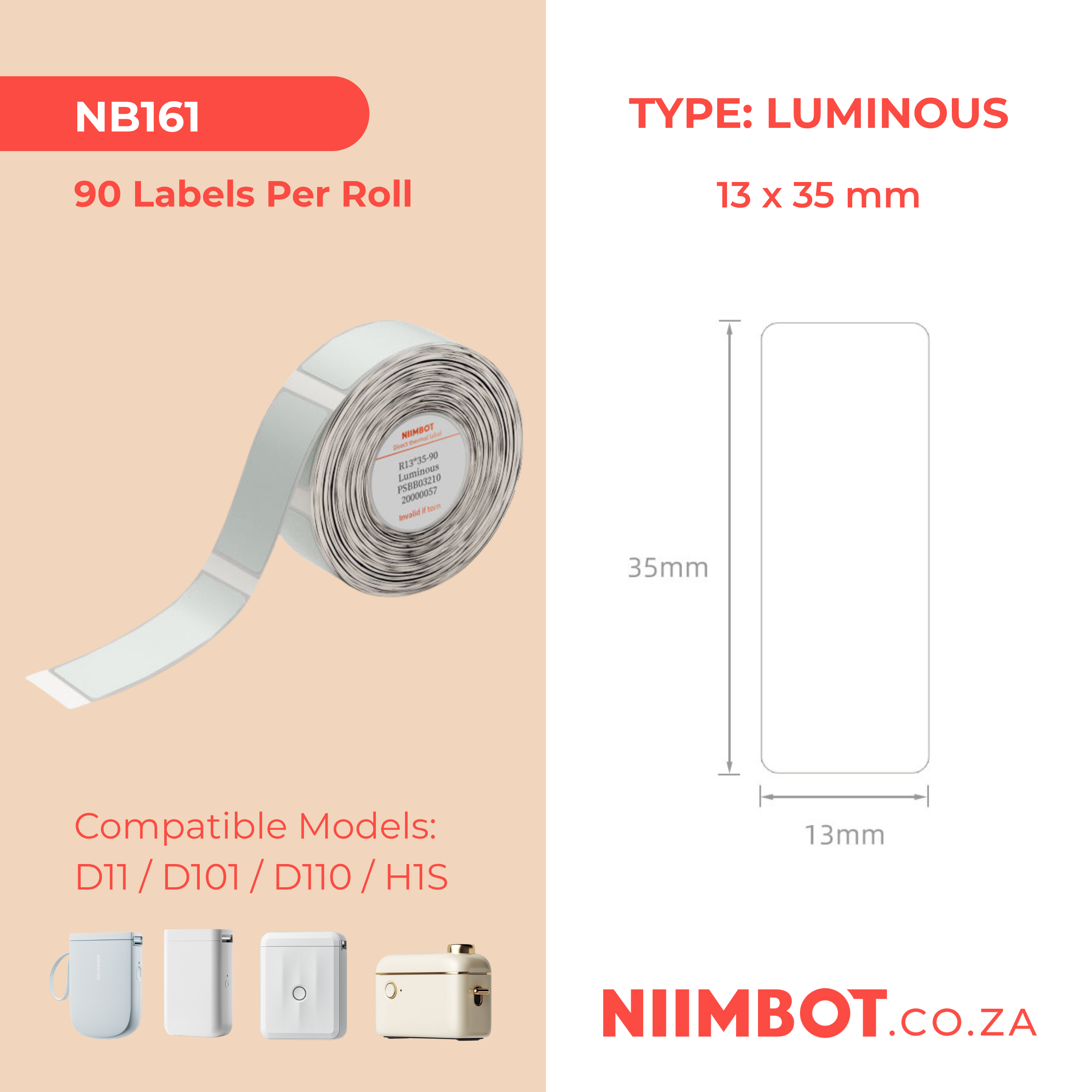 NB161 - NIIMBOT - D11 / D101 / D110 - 13*35MM - 90 THERMAL LABELS - LUMINOUS DESIGN