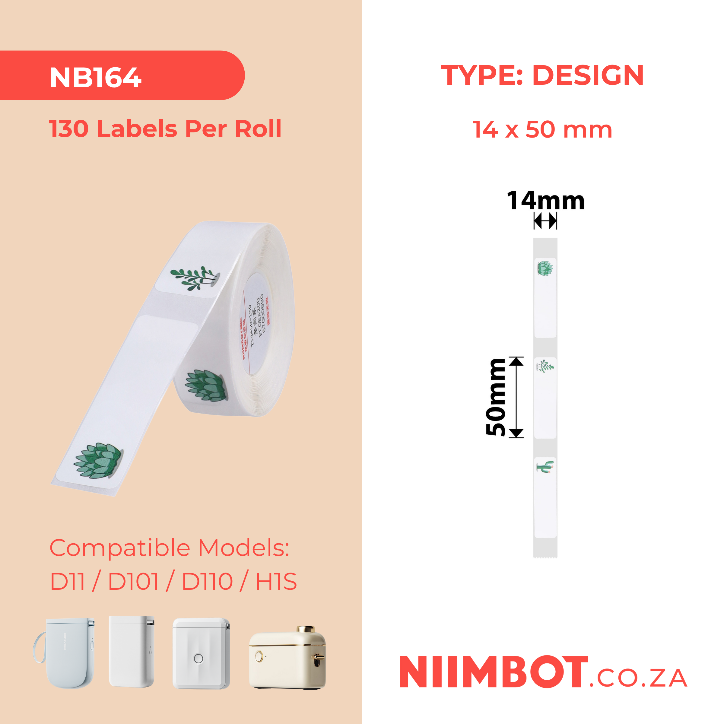 NB164 - NIIMBOT - D11 / D101 / D110 - 14*50MM - 130 LABELS PER ROLL - SUCCULENT A DESIGN