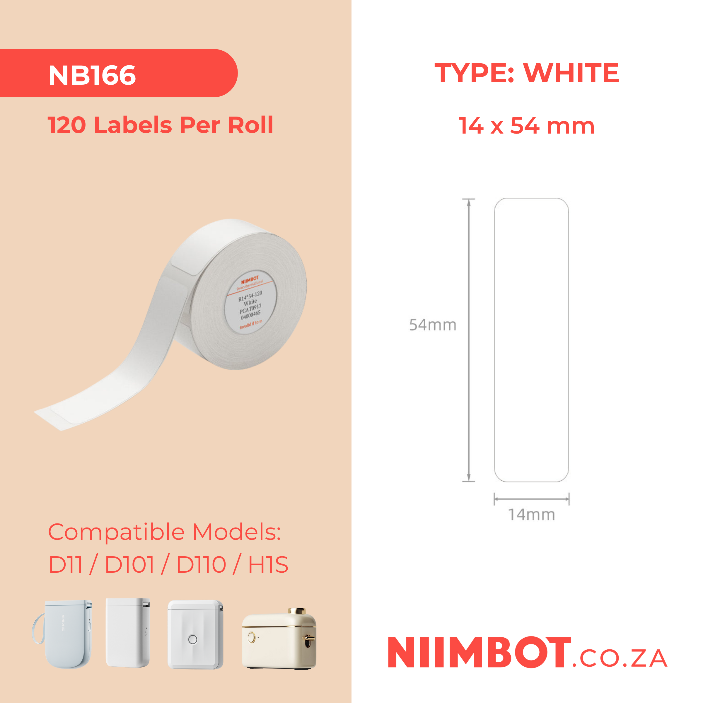 NB166 - NIIMBOT - D11 / D101 / D110 - 14*54MM - 120 LABELS PER ROLL - WHITE
